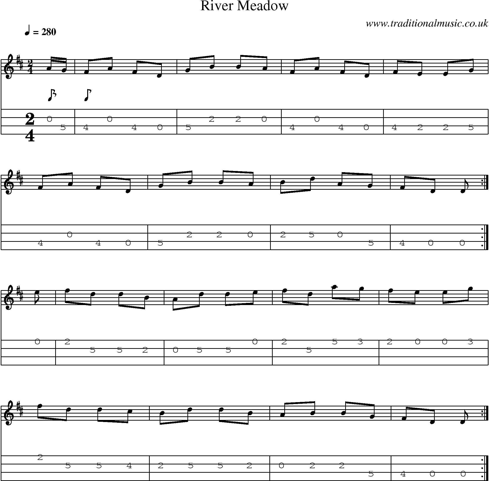 Music Score and Mandolin Tabs for River Meadow