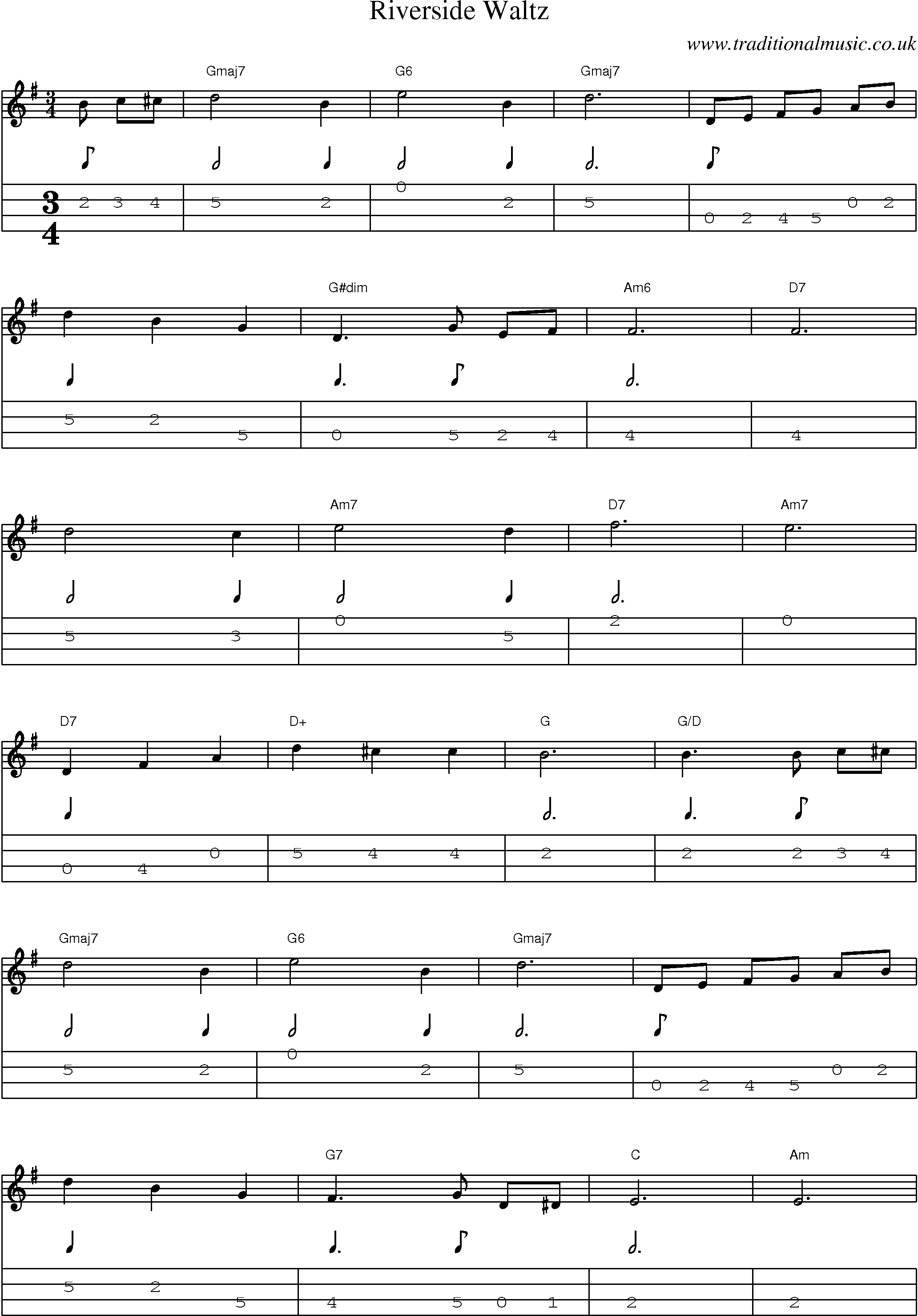 Music Score and Mandolin Tabs for Riverside Waltz