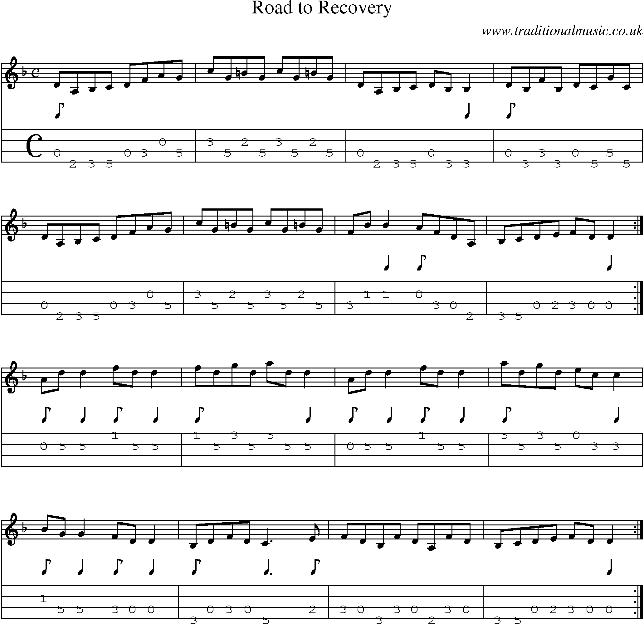 Music Score and Mandolin Tabs for Road To Recovery