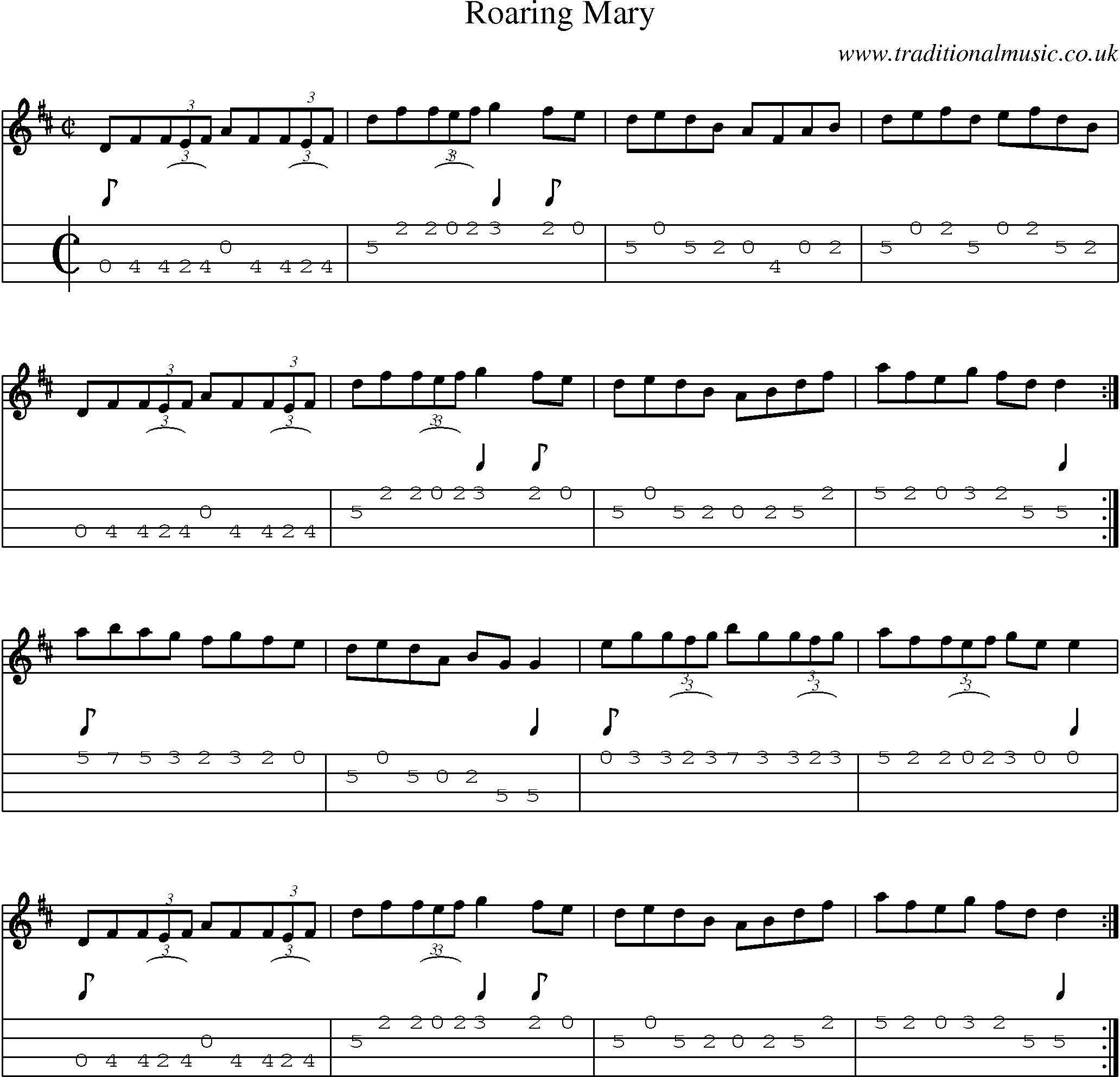 Music Score and Mandolin Tabs for Roaring Mary