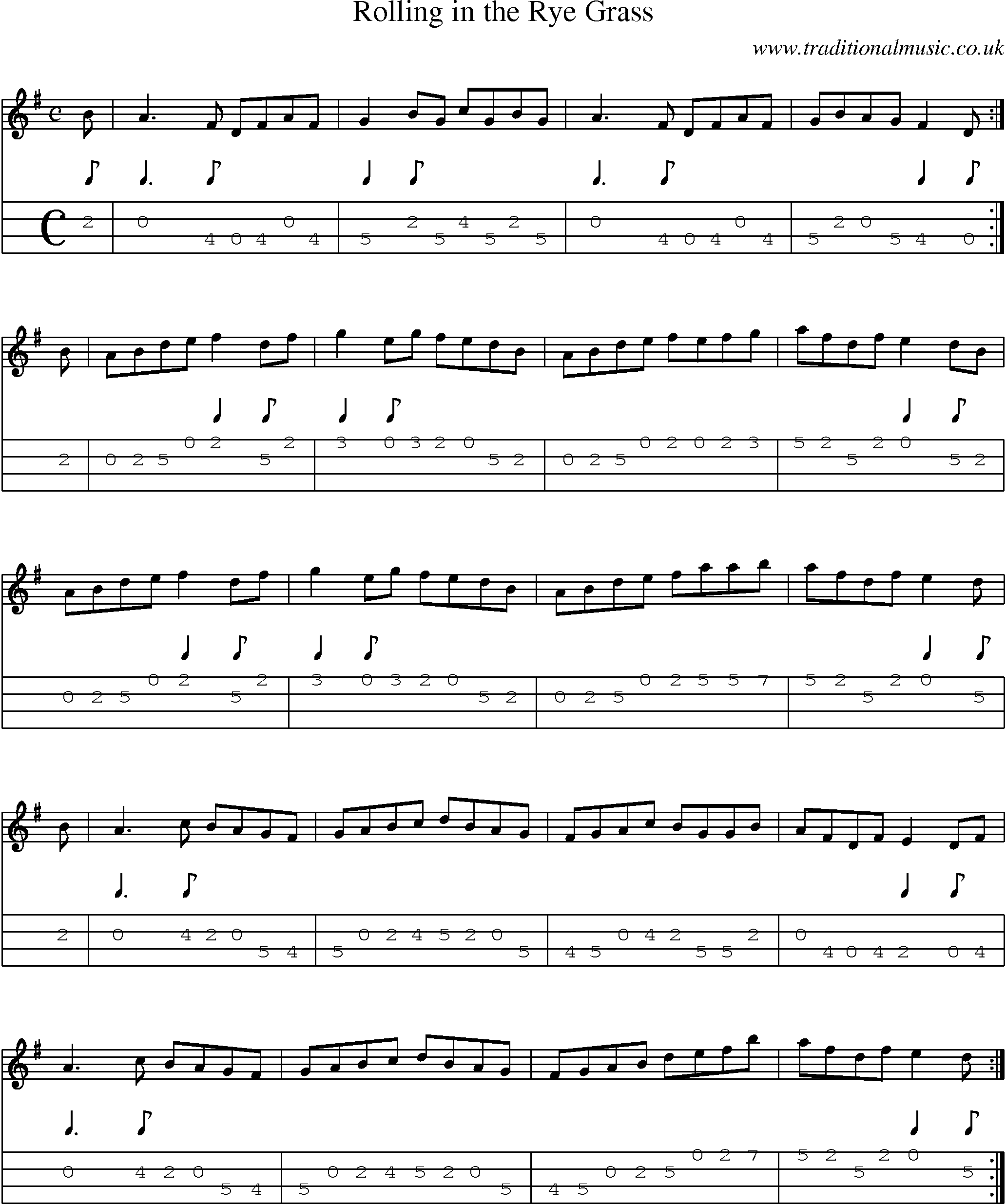 Music Score and Mandolin Tabs for Rolling In Rye Grass