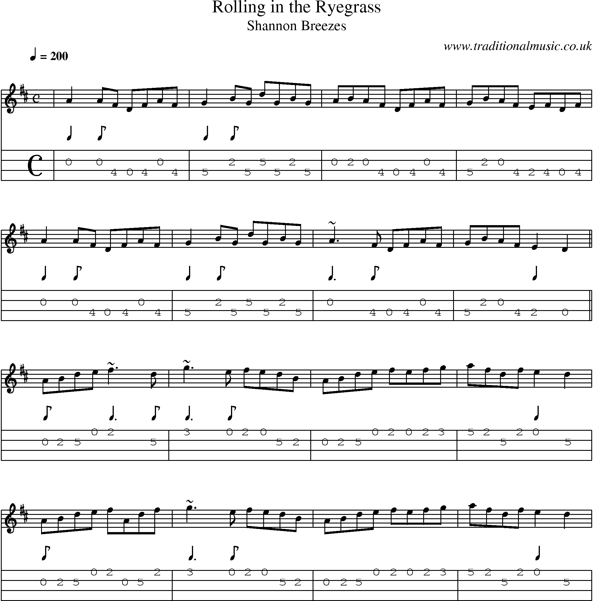 Music Score and Mandolin Tabs for Rolling In Ryegrass