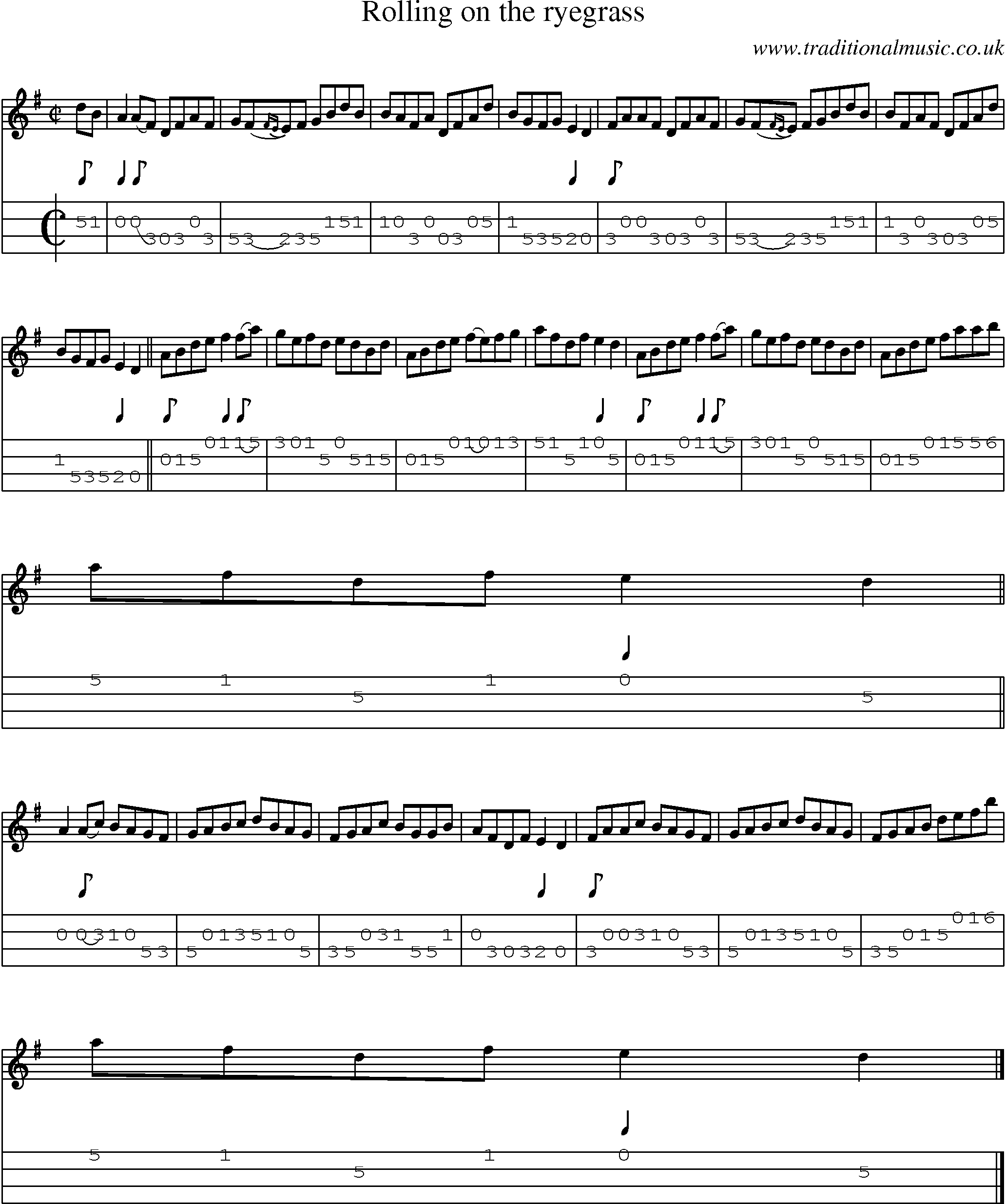 Music Score and Mandolin Tabs for Rolling On The Ryegrass