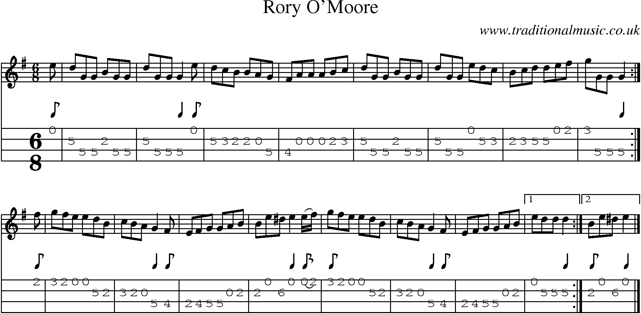Music Score and Mandolin Tabs for Rory O Moore