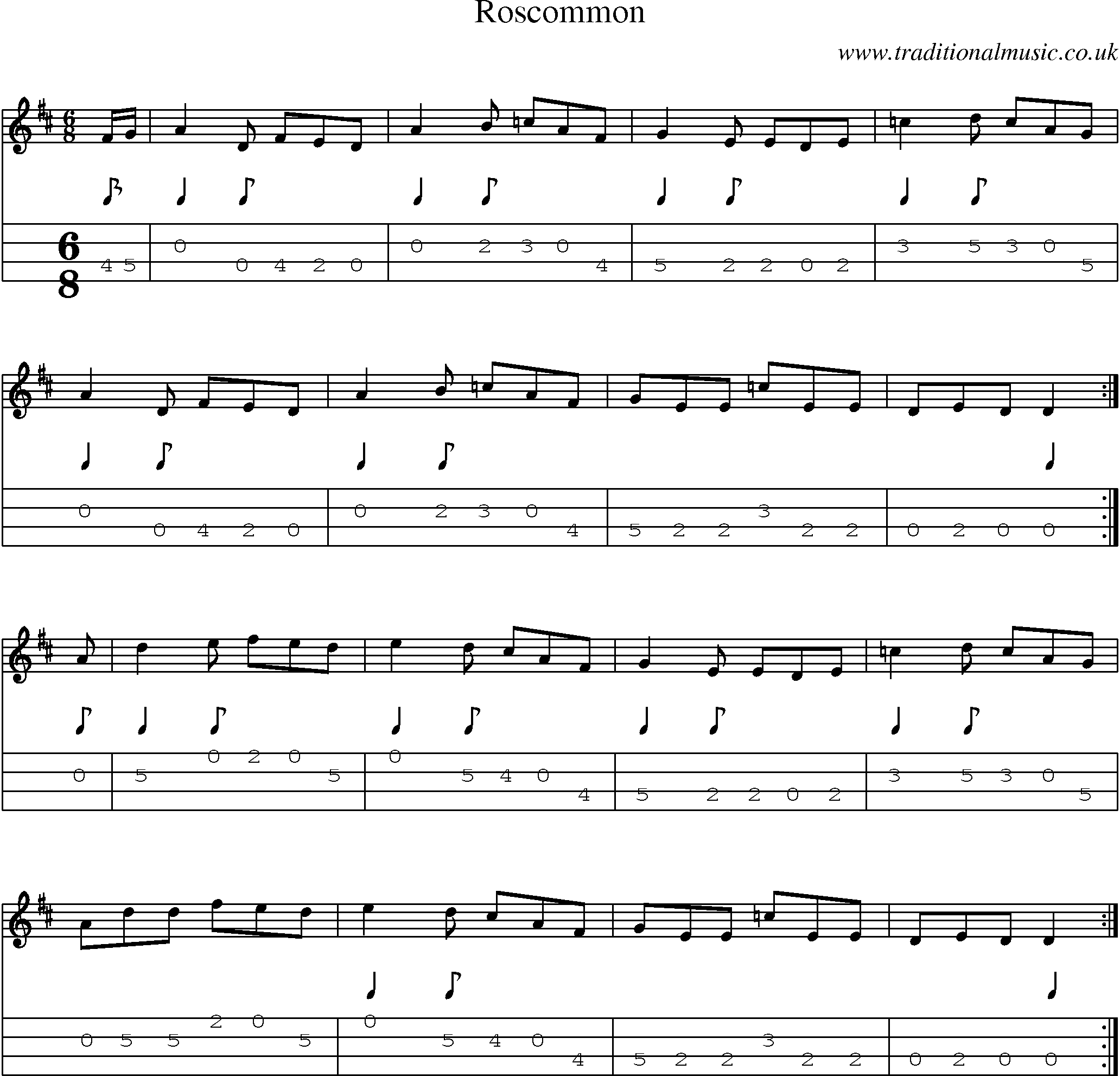 Music Score and Mandolin Tabs for Roscommon
