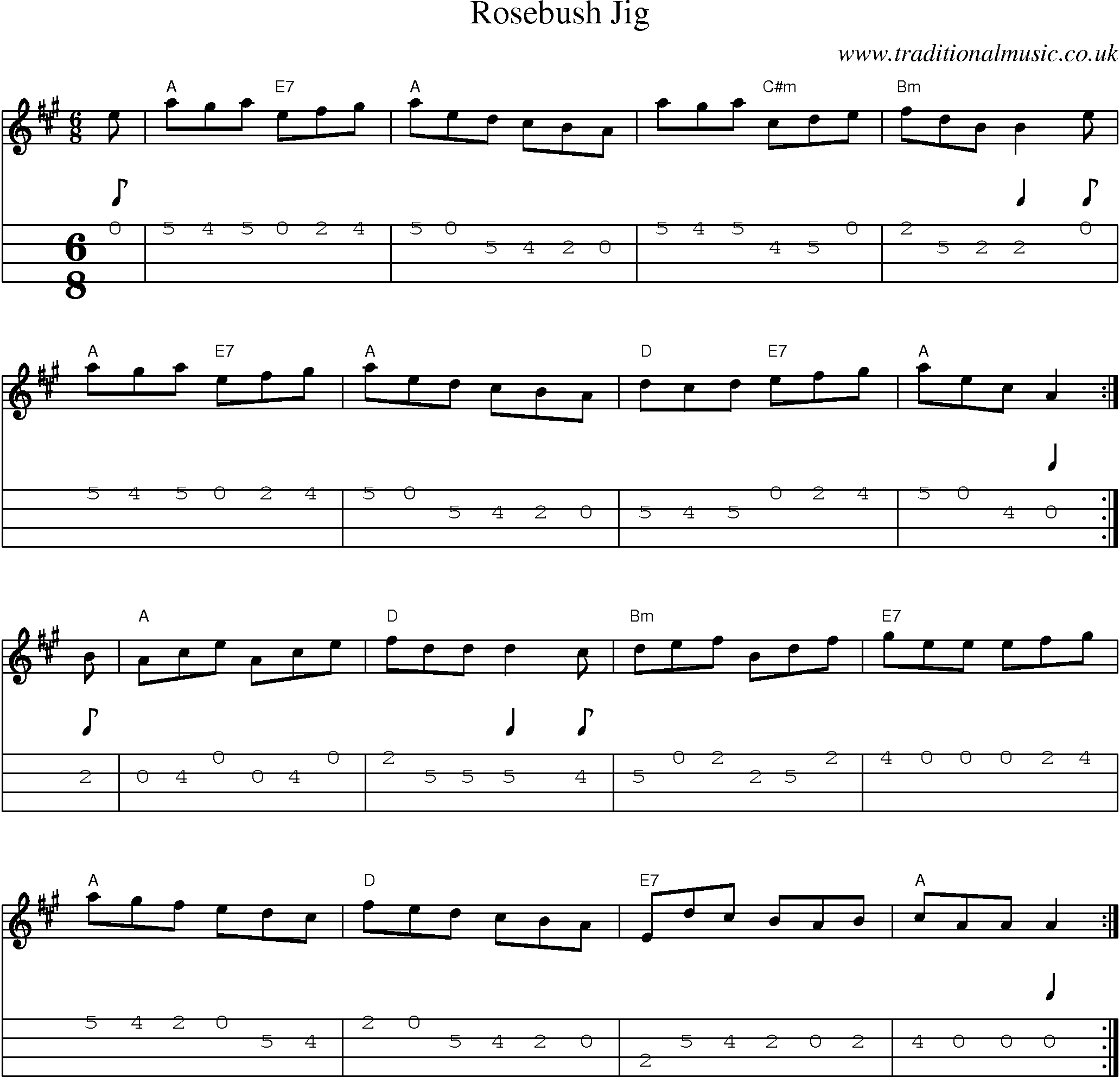 Music Score and Mandolin Tabs for Rosebush Jig