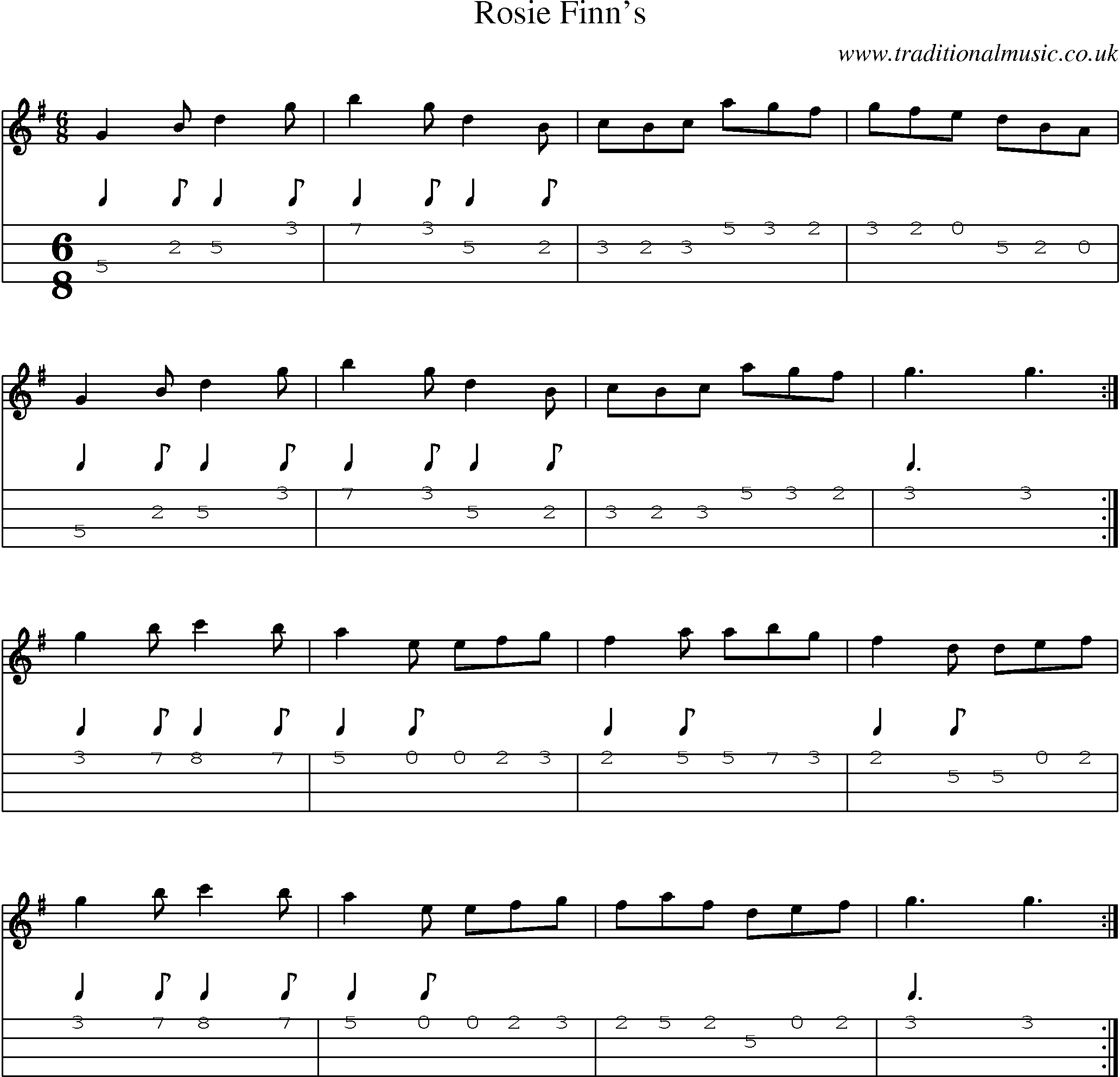 Music Score and Mandolin Tabs for Rosie Finns