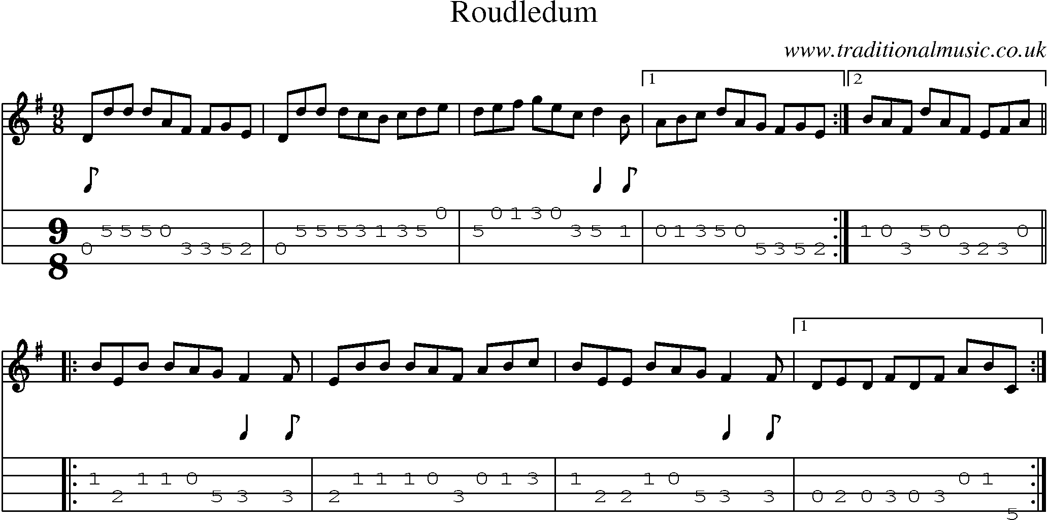 Music Score and Mandolin Tabs for Roudledum