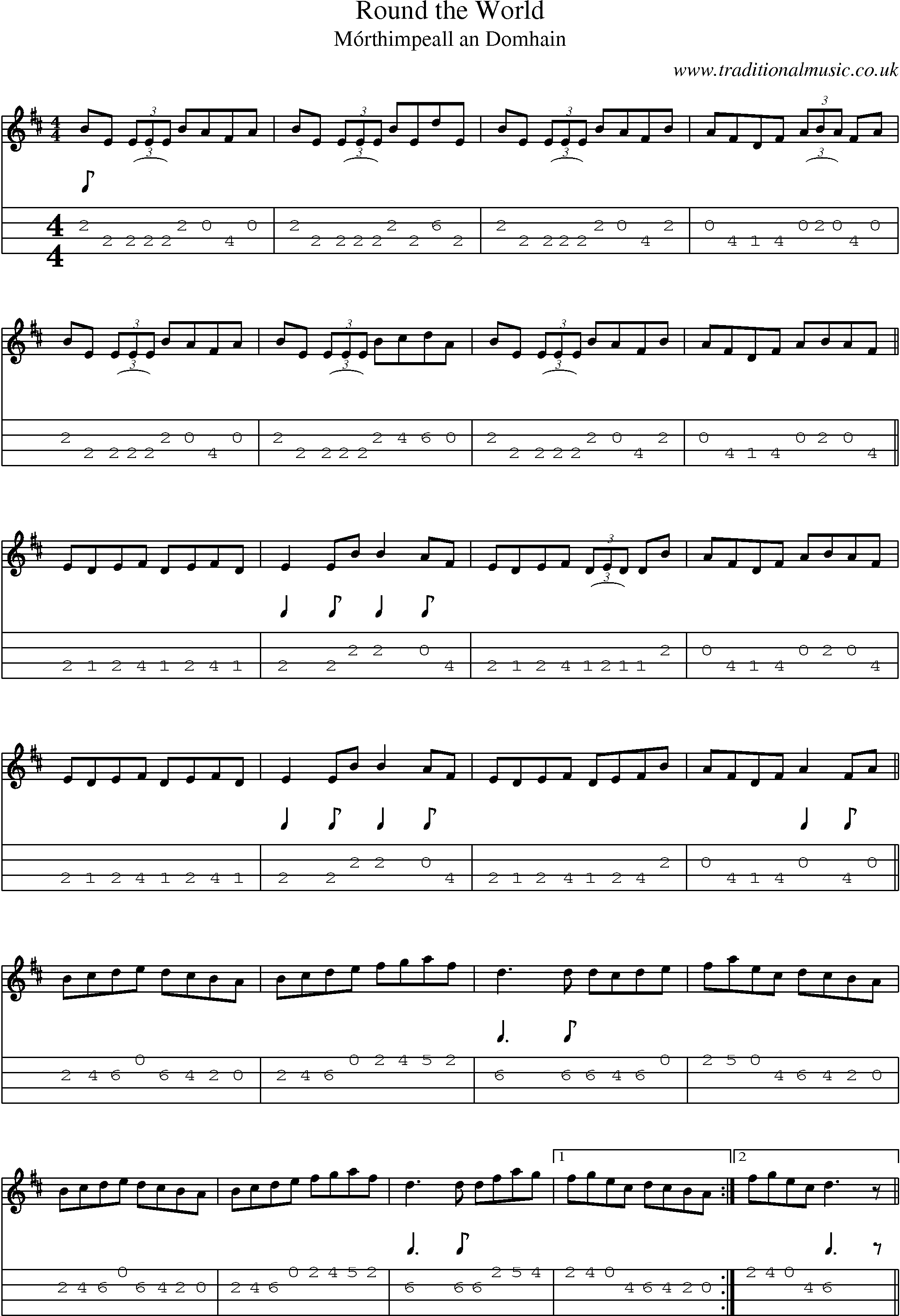 Music Score and Mandolin Tabs for Round World