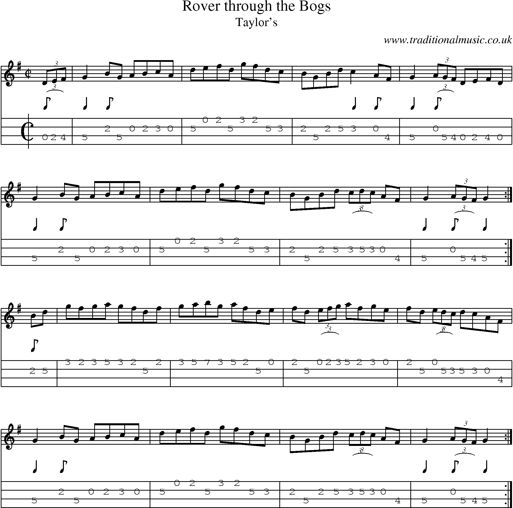 Music Score and Mandolin Tabs for Rover Through Bogs