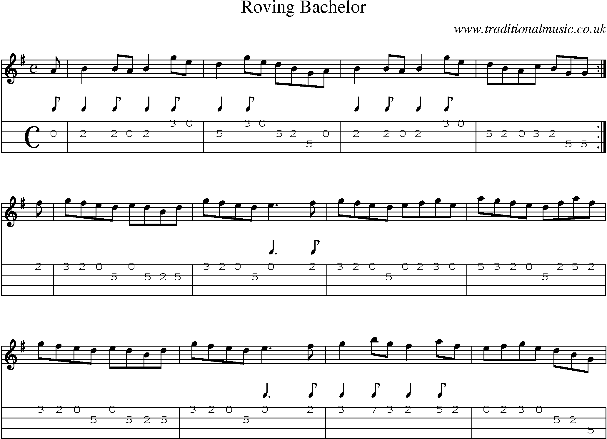 Music Score and Mandolin Tabs for Roving Bachelor