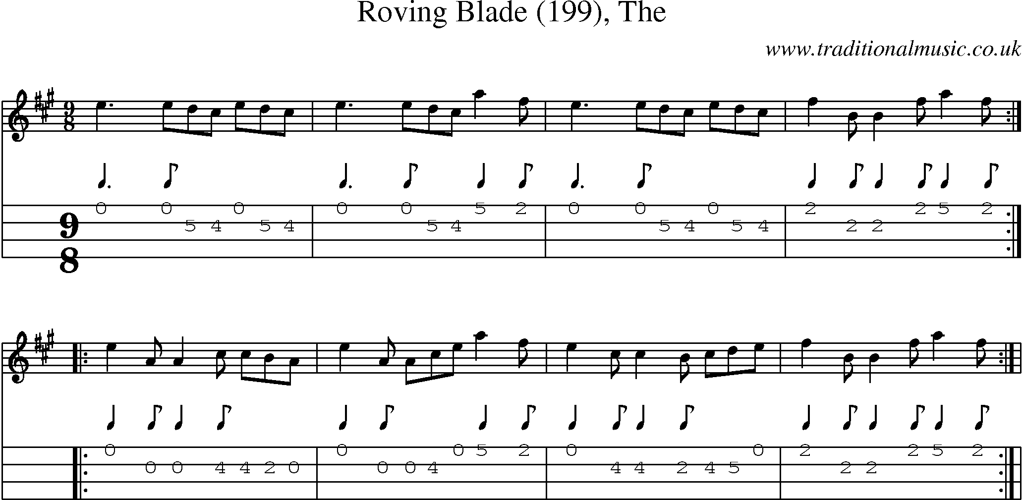 Music Score and Mandolin Tabs for Roving Blade (199)