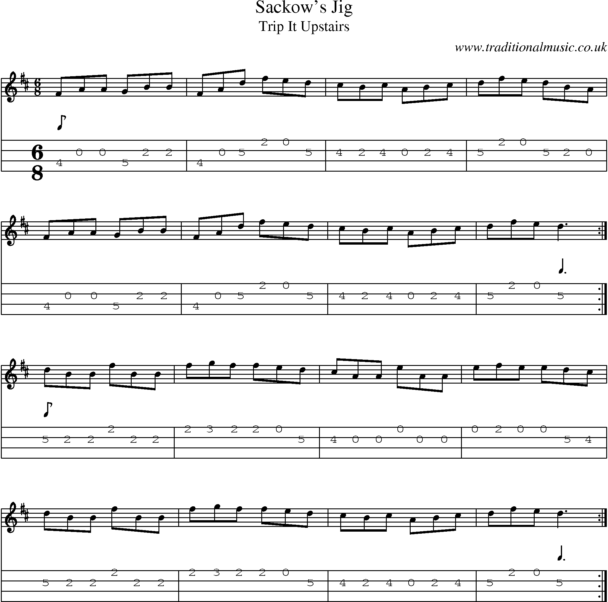 Music Score and Mandolin Tabs for Sackows Jig