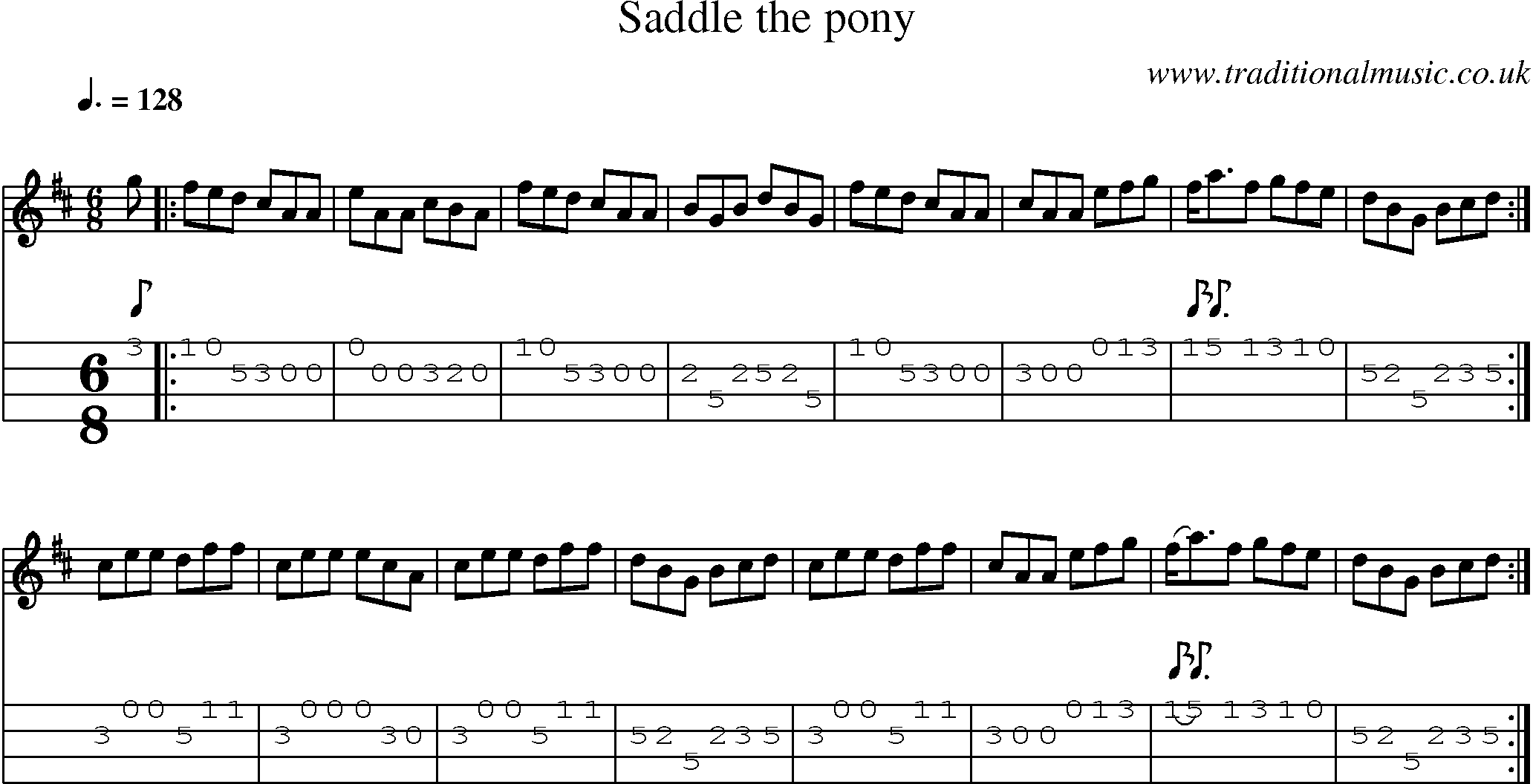 Music Score and Mandolin Tabs for Saddle The Pony