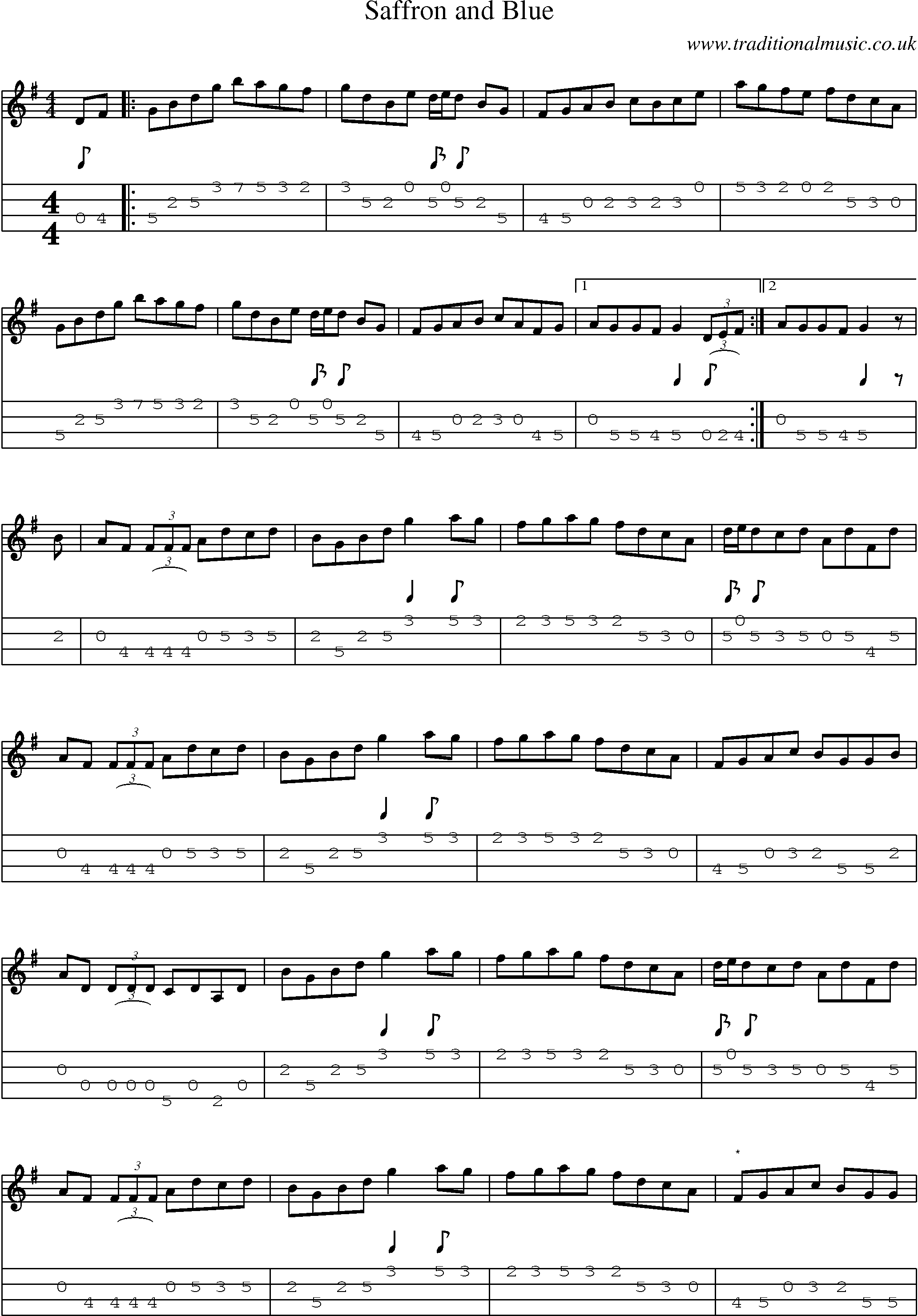 Music Score and Mandolin Tabs for Saffron And Blue