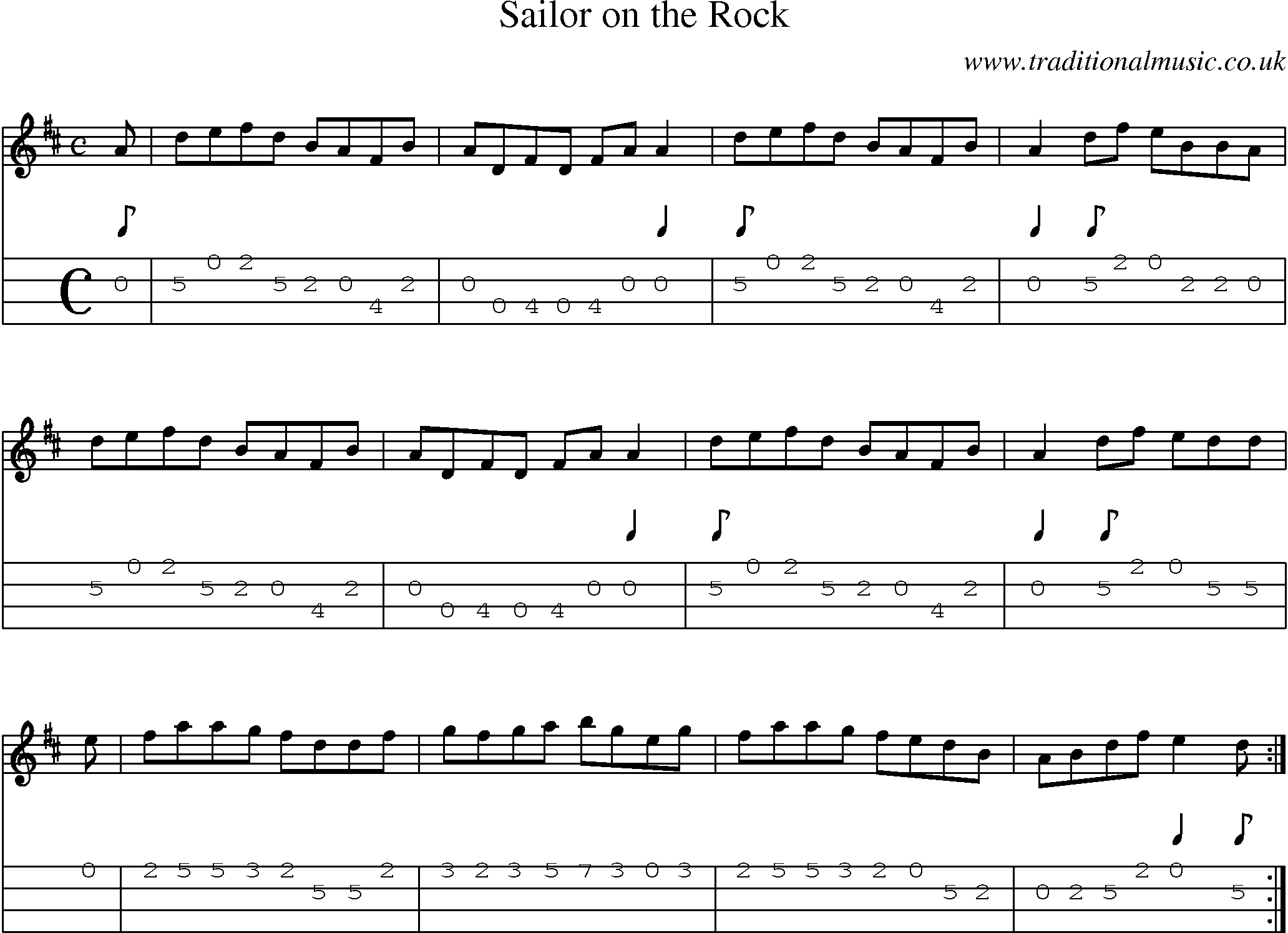 Music Score and Mandolin Tabs for Sailor On Rock