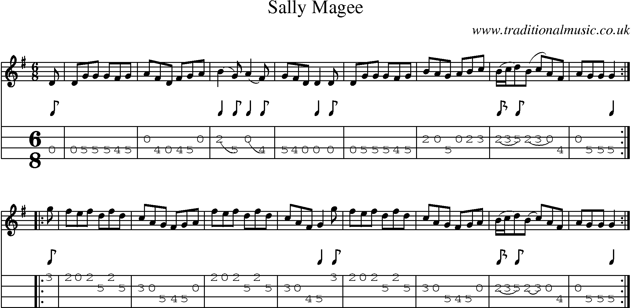 Music Score and Mandolin Tabs for Sally Magee