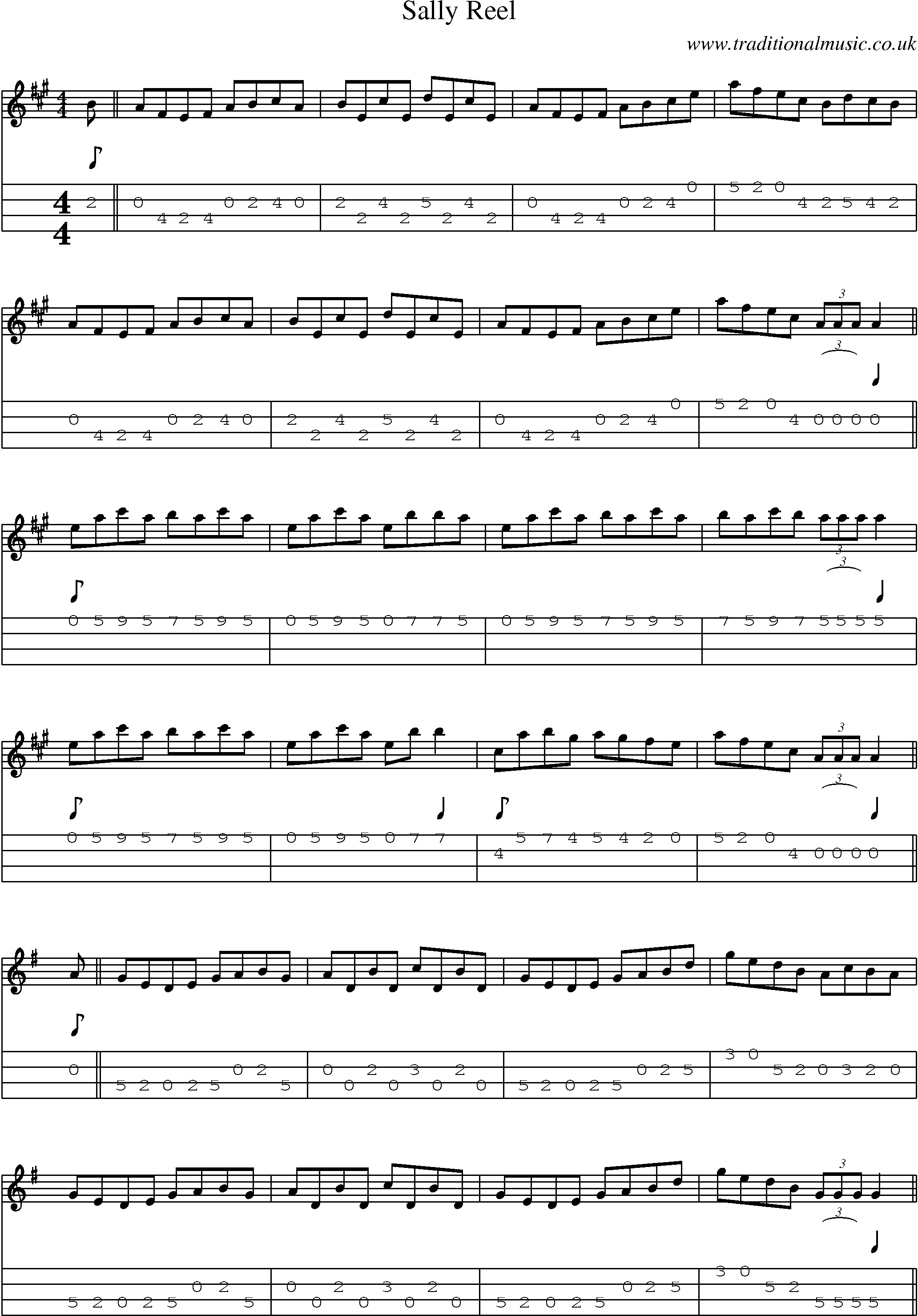 Music Score and Mandolin Tabs for Sally Reel