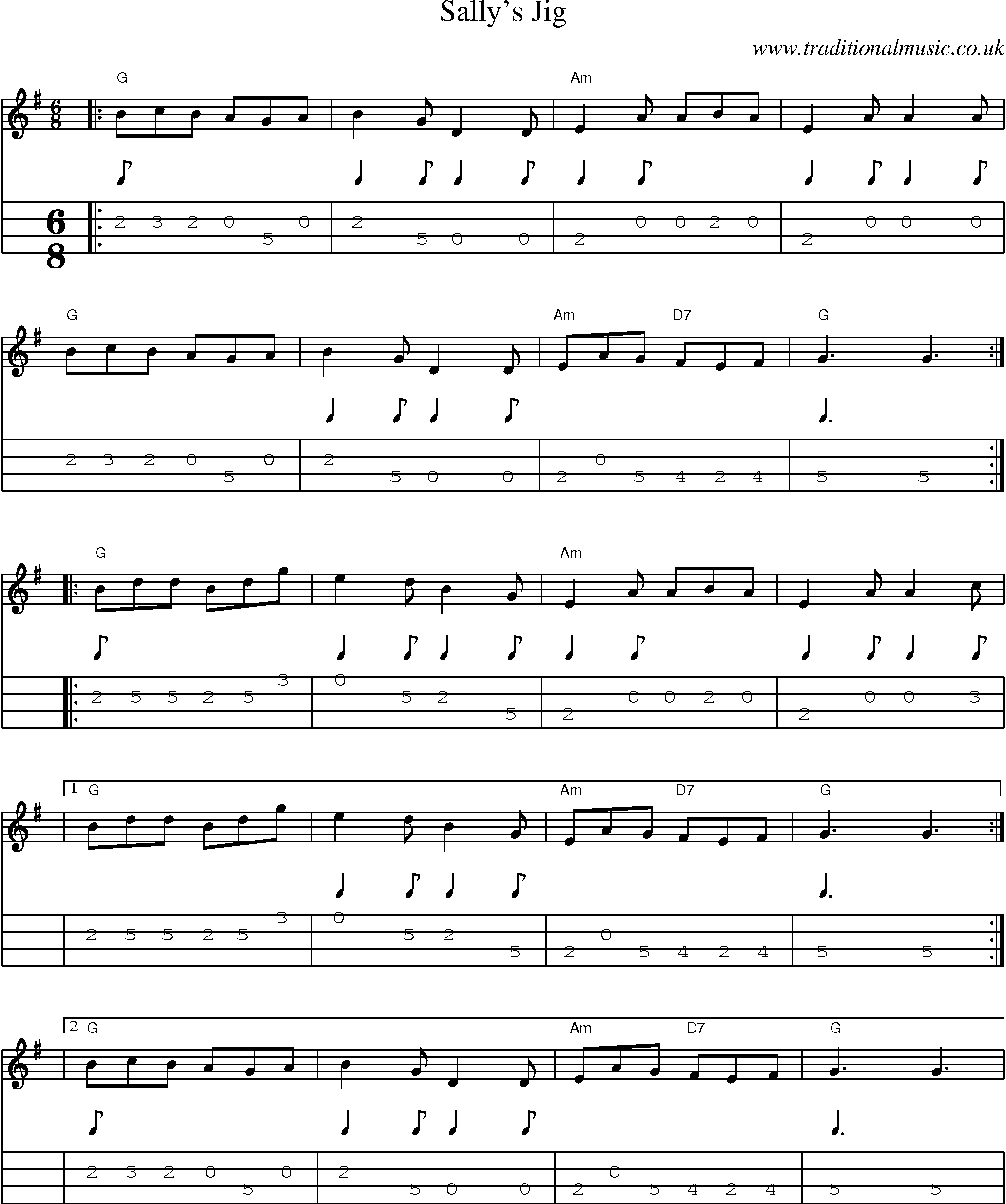Music Score and Mandolin Tabs for Sallys Jig