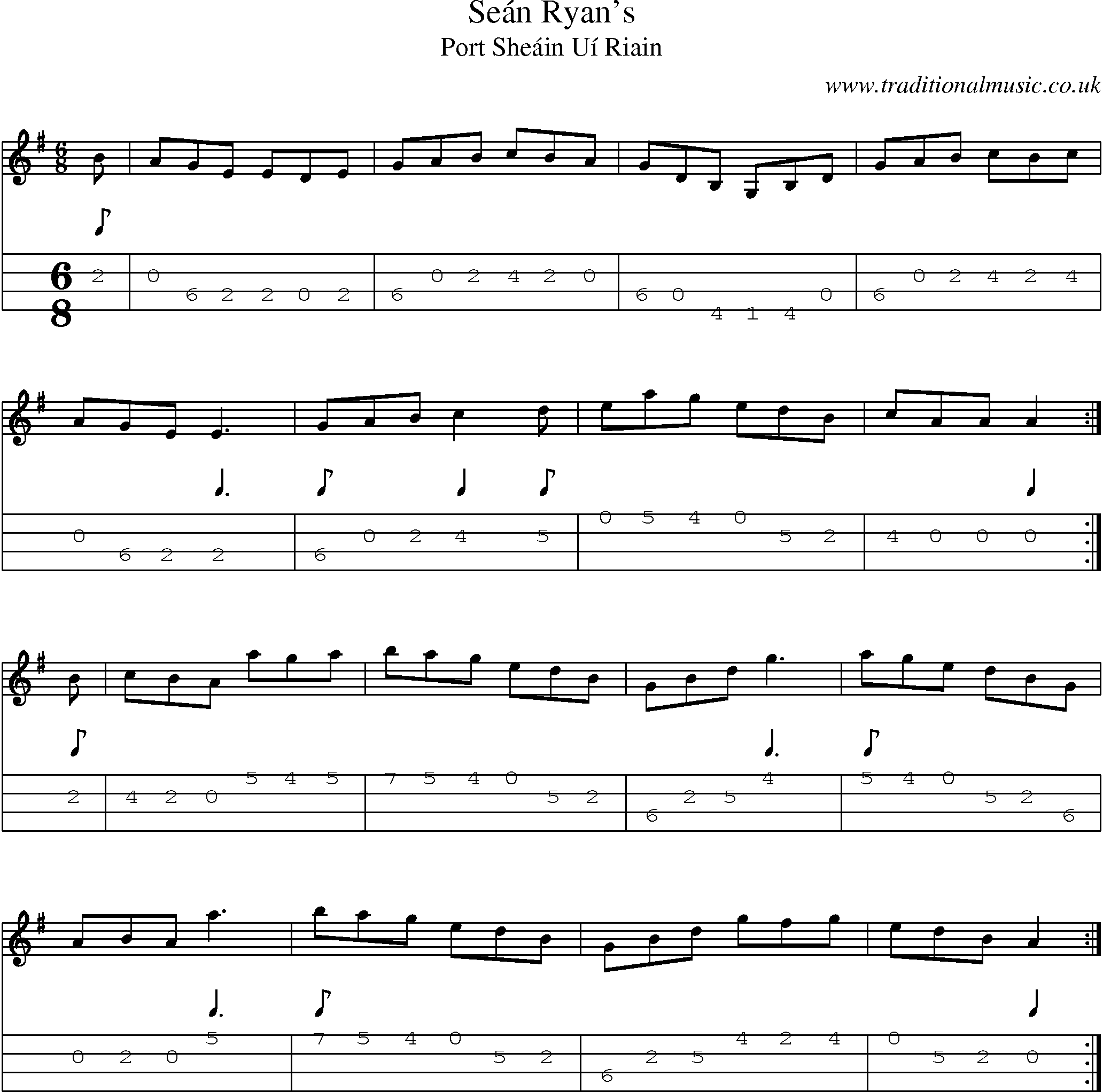 Music Score and Mandolin Tabs for Sean Ryans