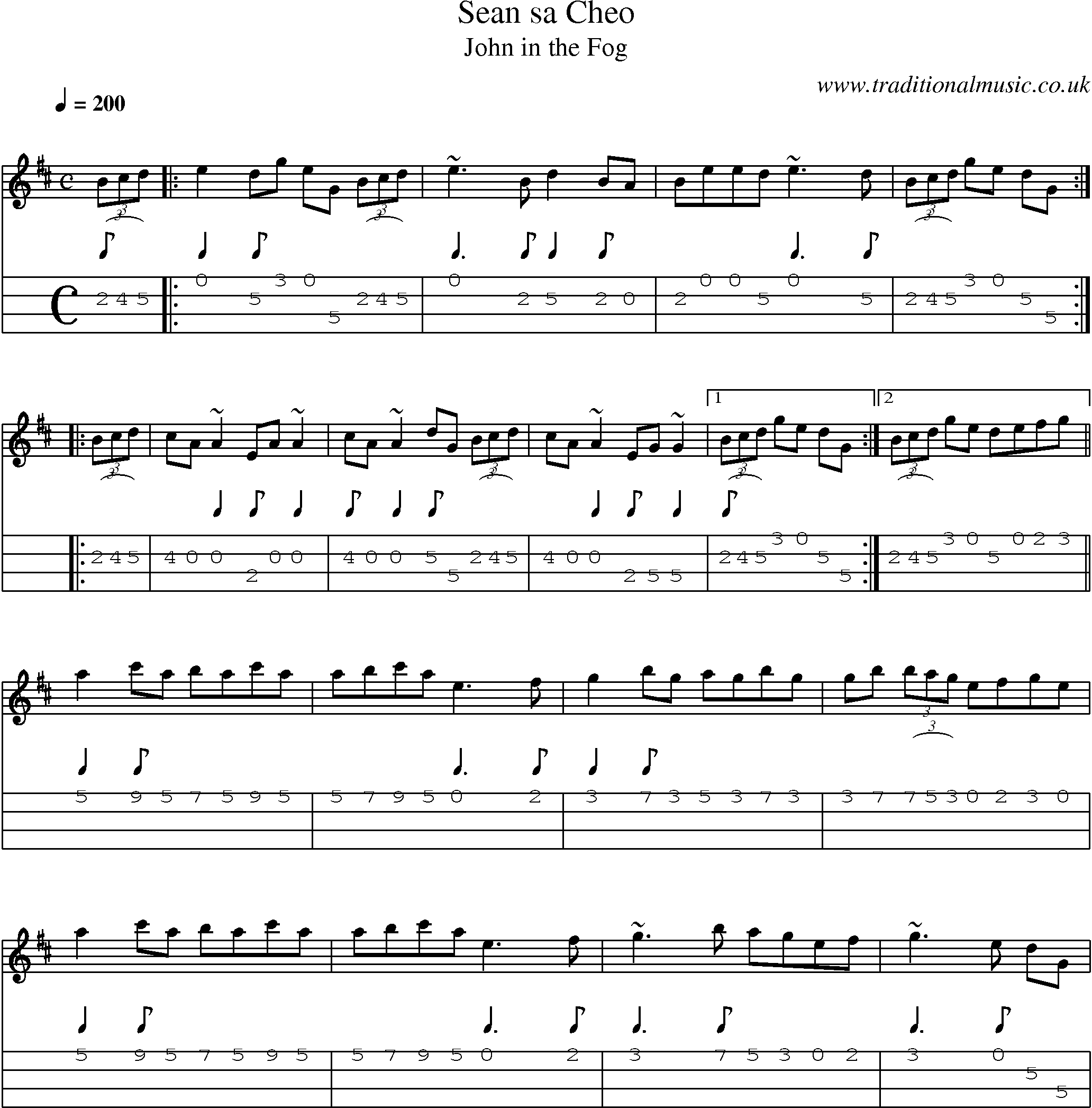 Music Score and Mandolin Tabs for Sean Sa Cheo