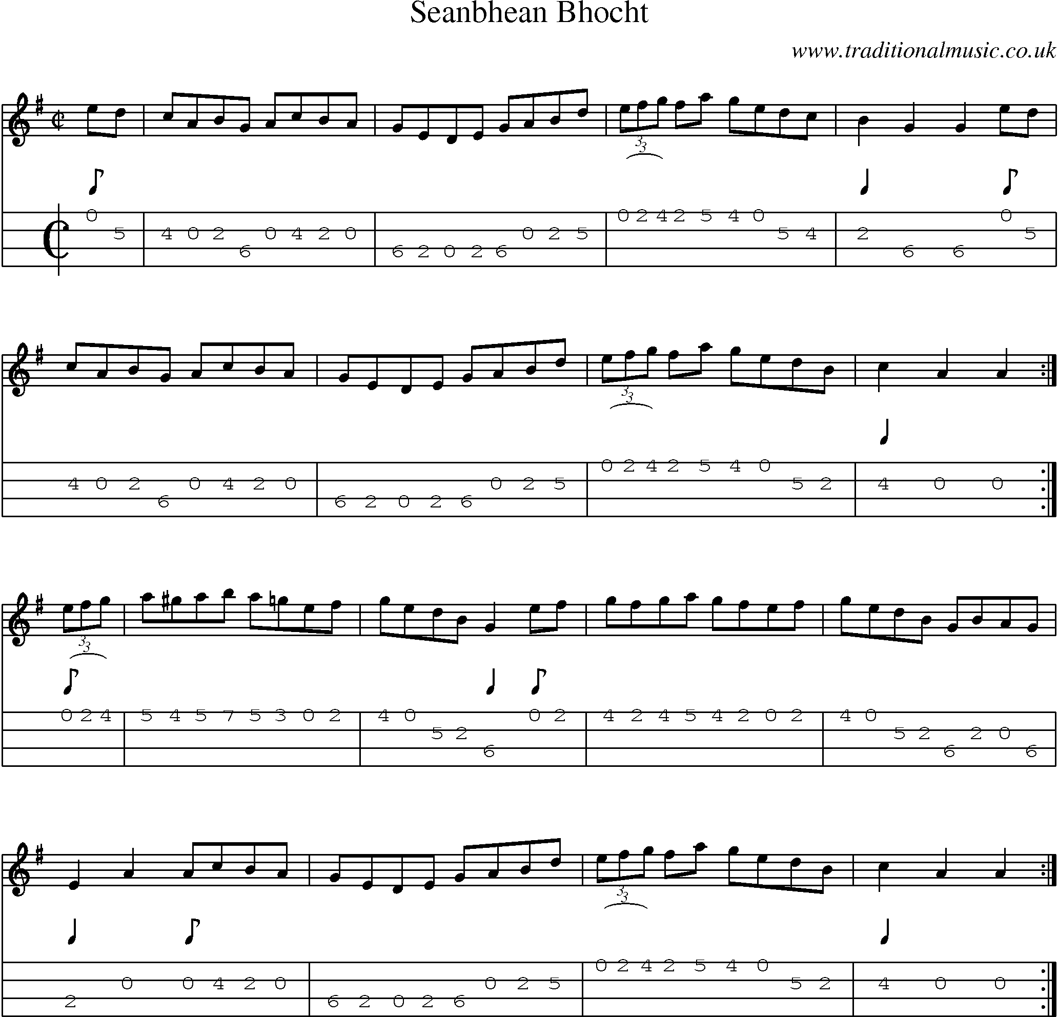 Music Score and Mandolin Tabs for Seanbhean Bhocht