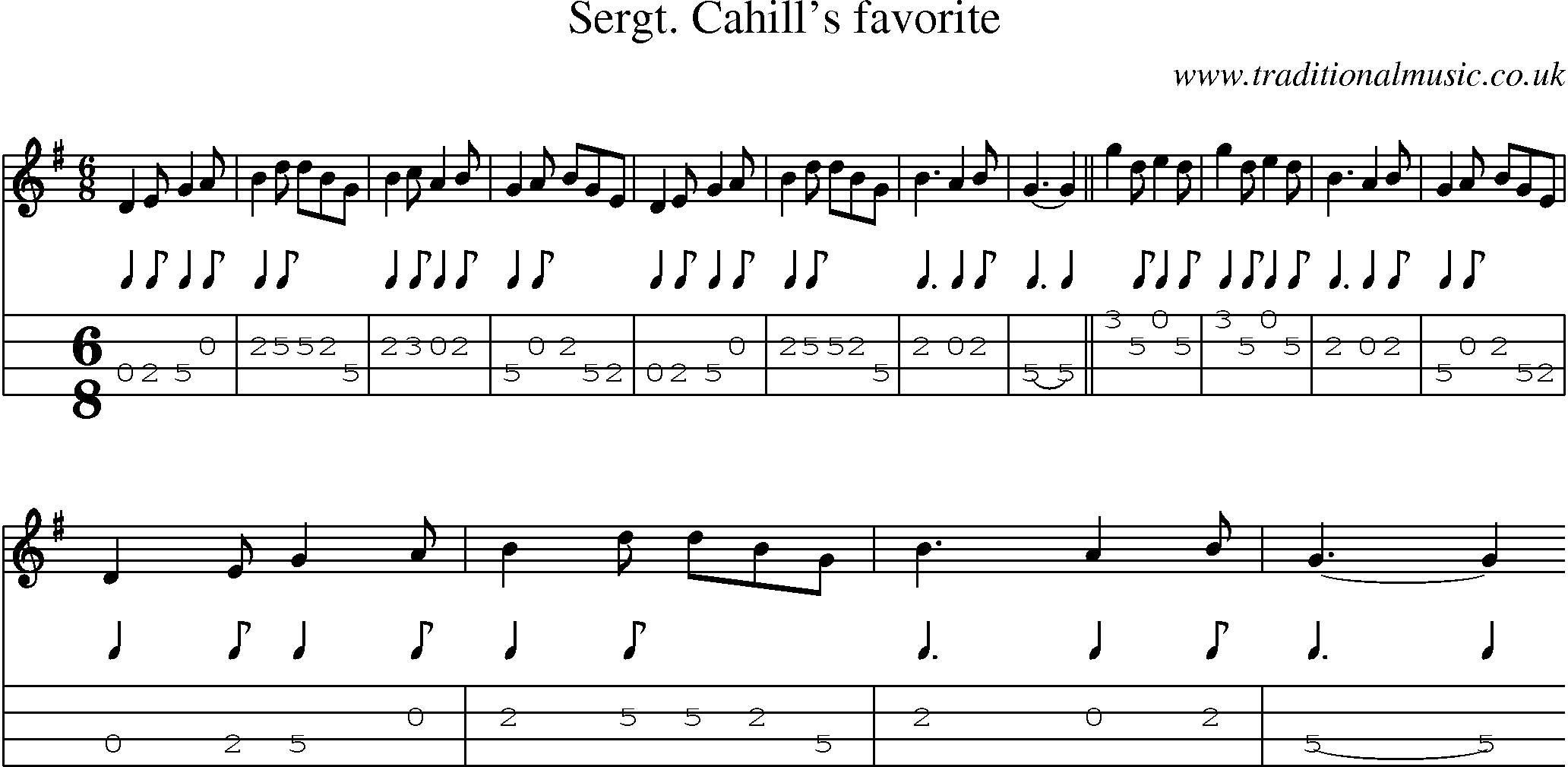 Music Score and Mandolin Tabs for Sergt Cahills Favorite