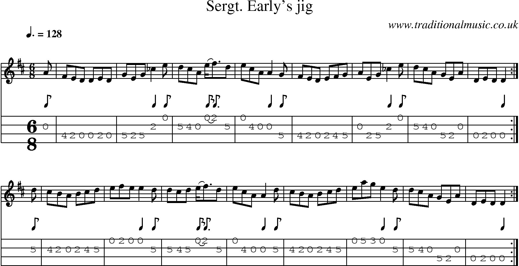 Music Score and Mandolin Tabs for Sergt Earlys Jig