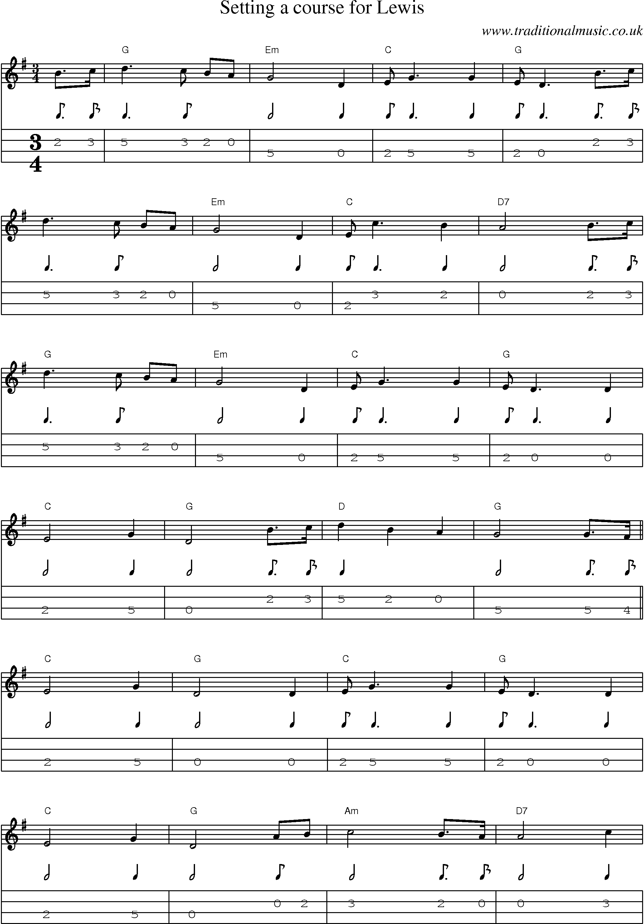 Music Score and Mandolin Tabs for Setting A Course For Lewis