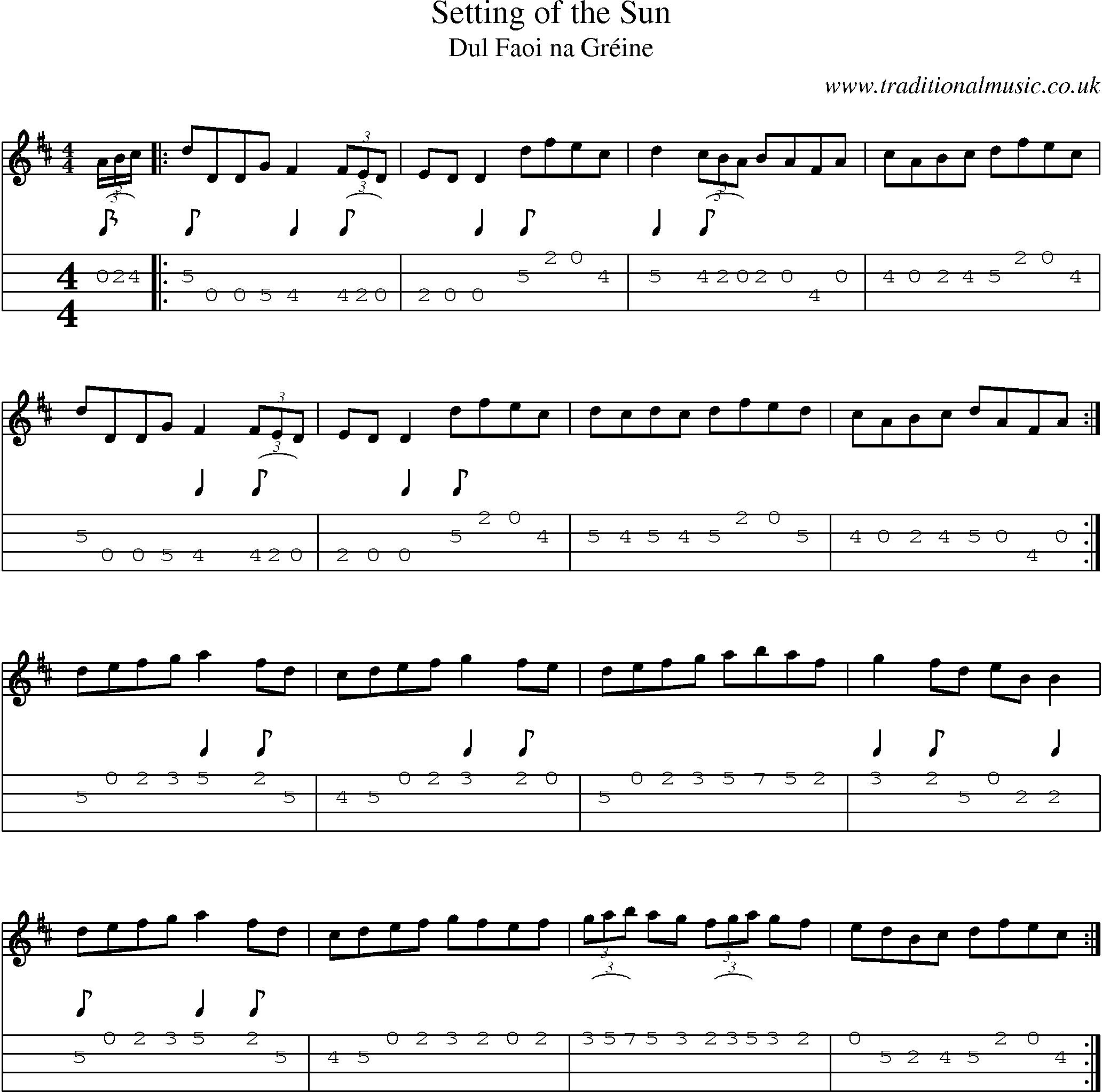 Music Score and Mandolin Tabs for Setting Of Sun