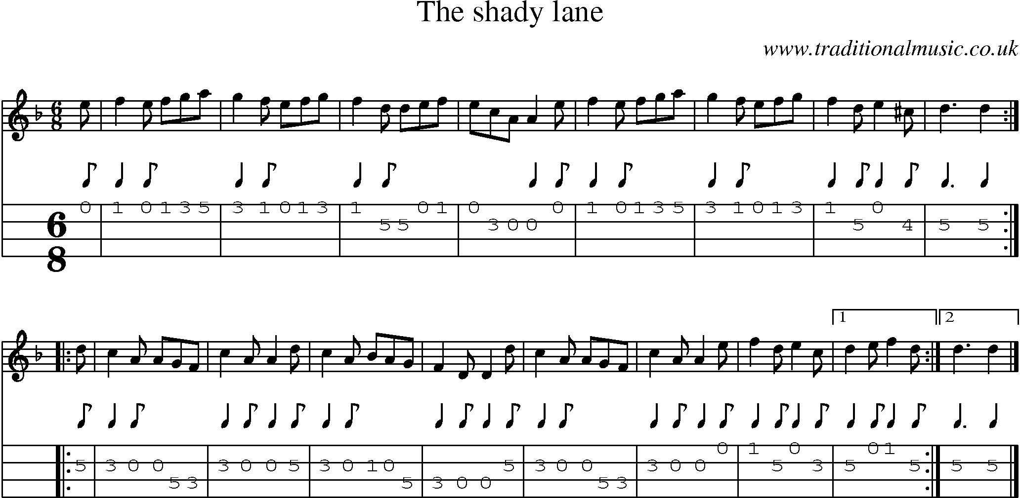 Music Score and Mandolin Tabs for Shady Lane