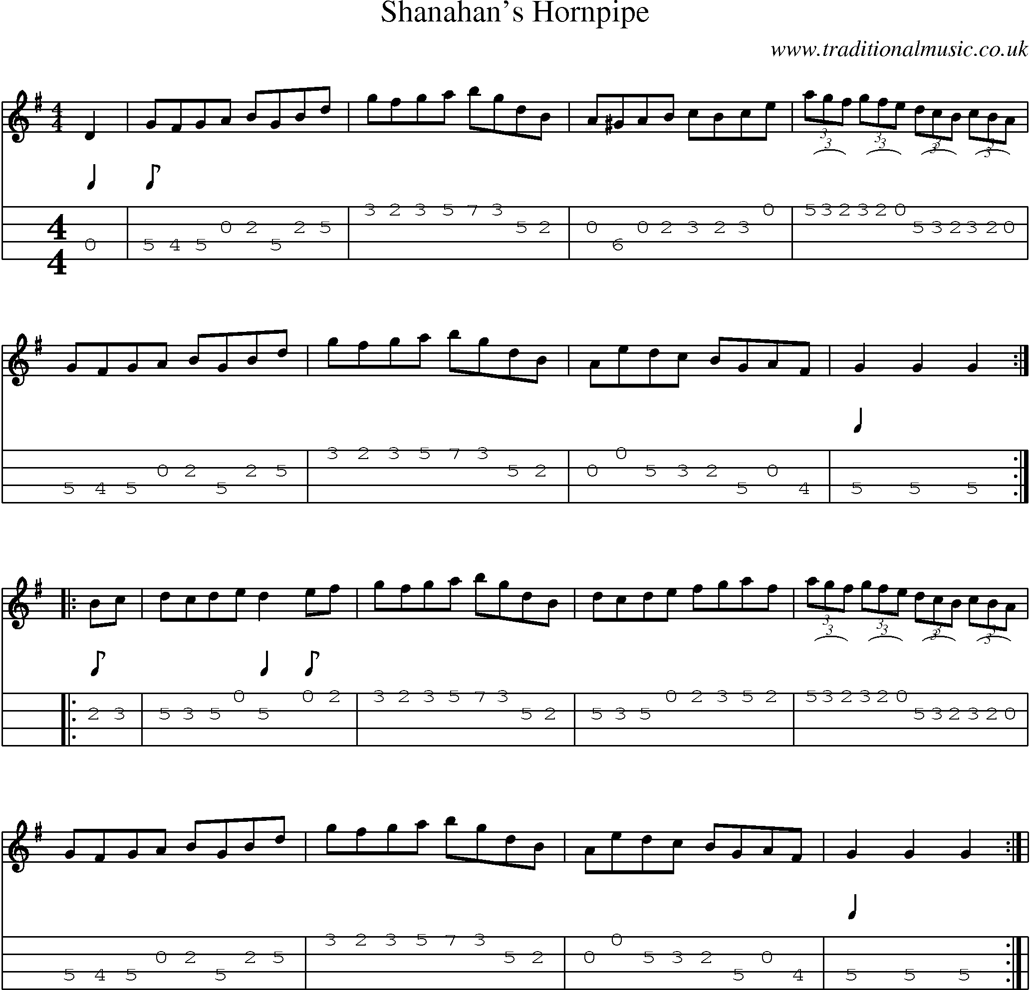 Music Score and Mandolin Tabs for Shanahans Hornpipe