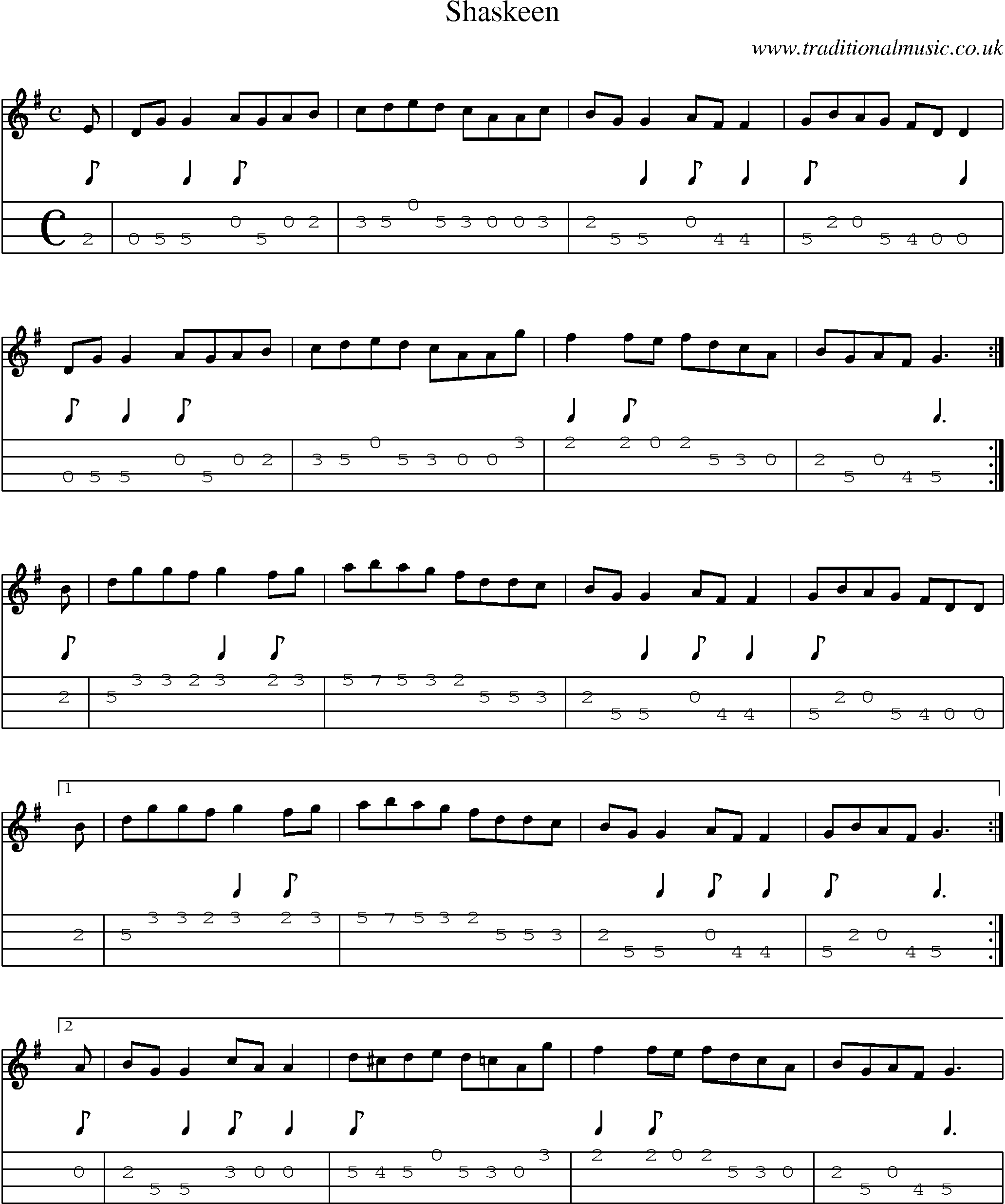 Music Score and Mandolin Tabs for Shaskeen