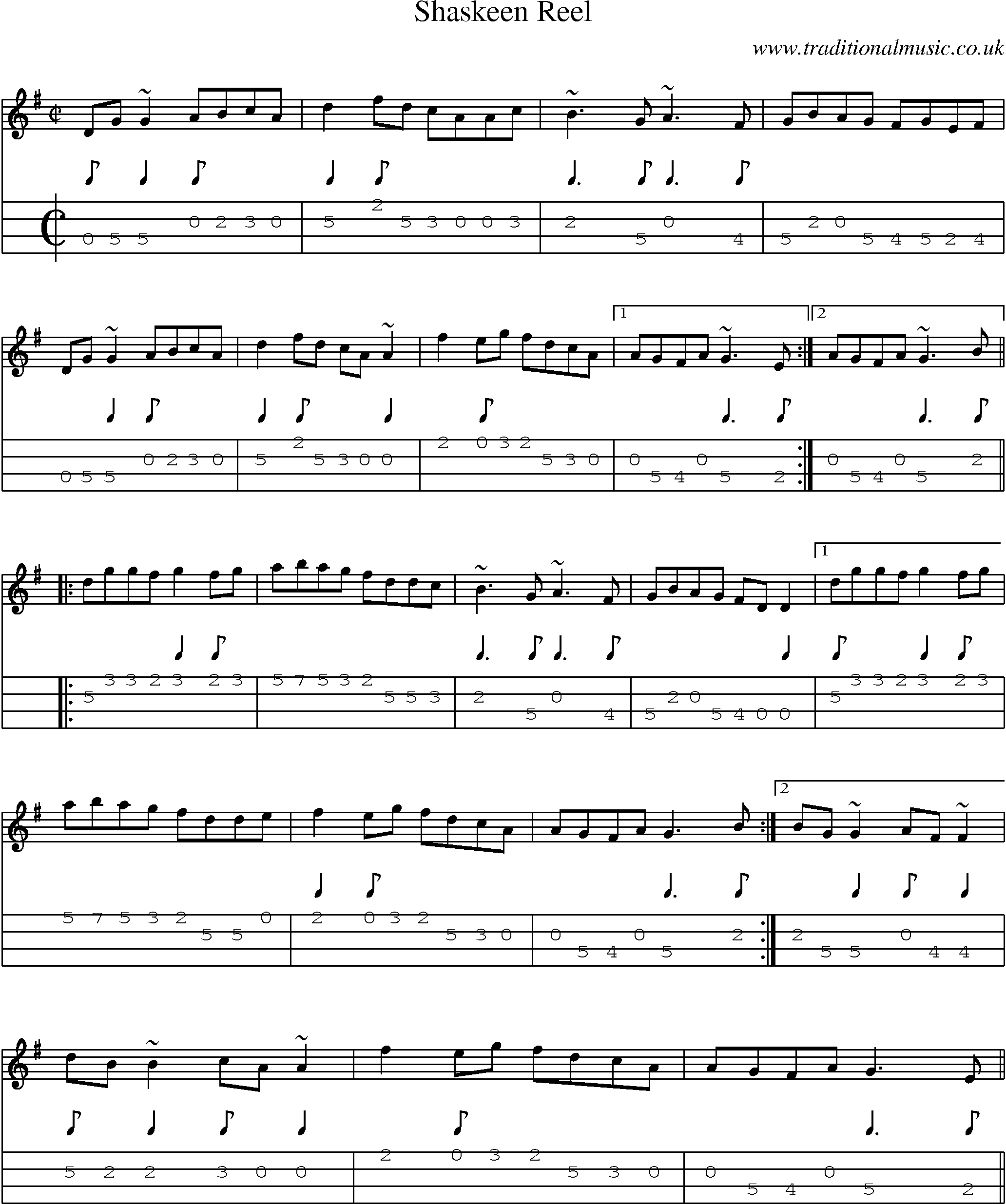 Music Score and Mandolin Tabs for Shaskeen Reel