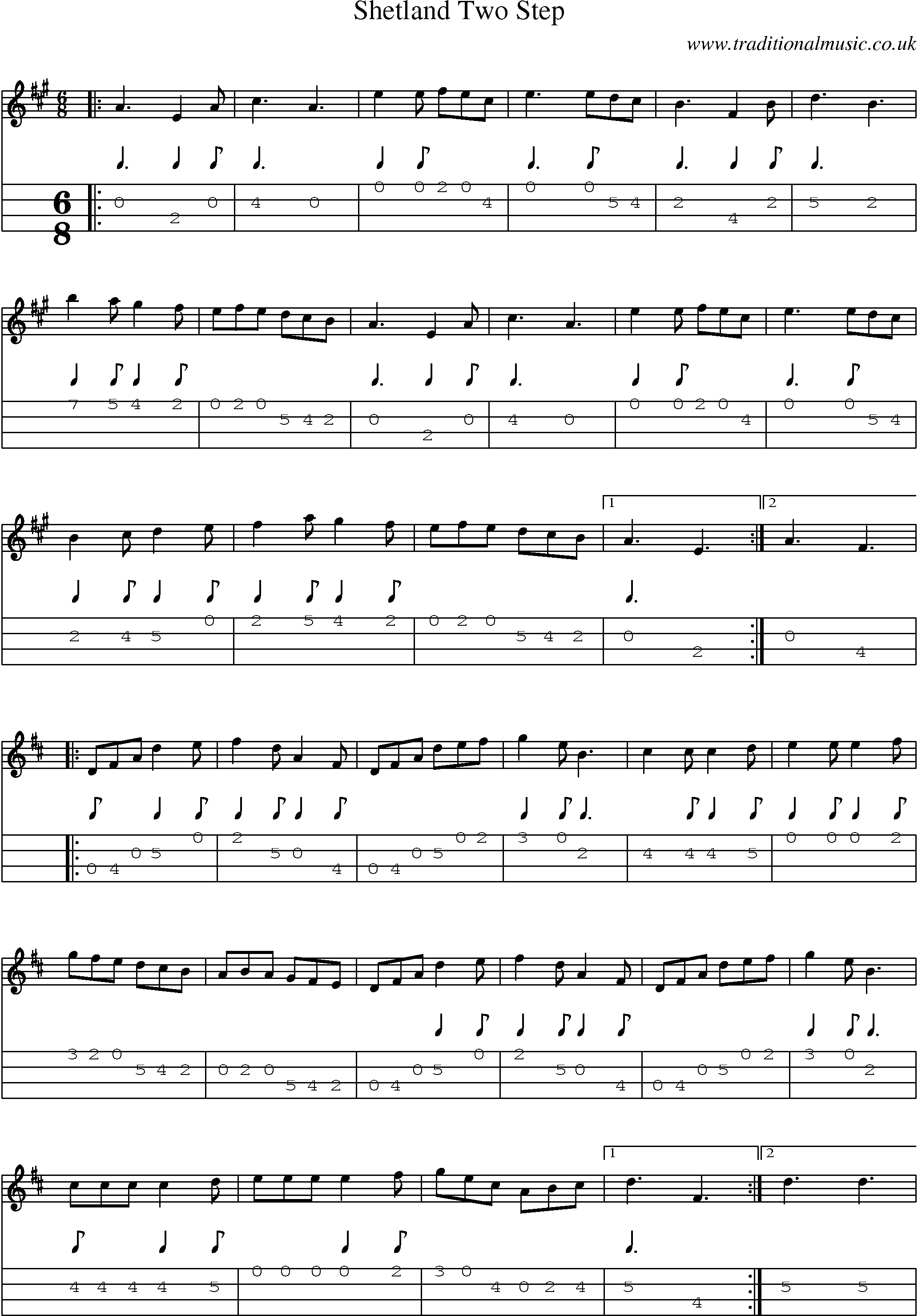 Music Score and Mandolin Tabs for Shetland Two Step