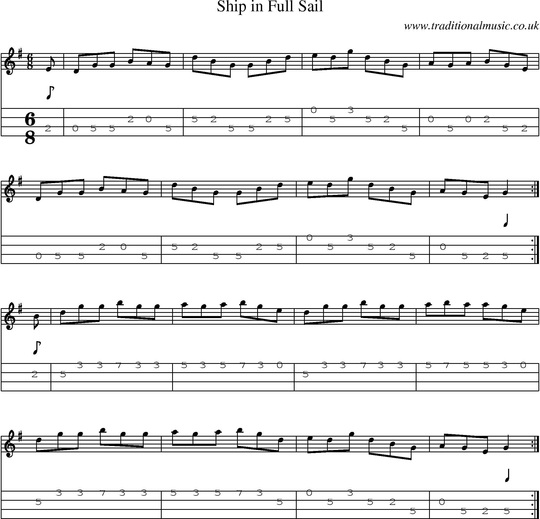 Music Score and Mandolin Tabs for Ship In Full Sail