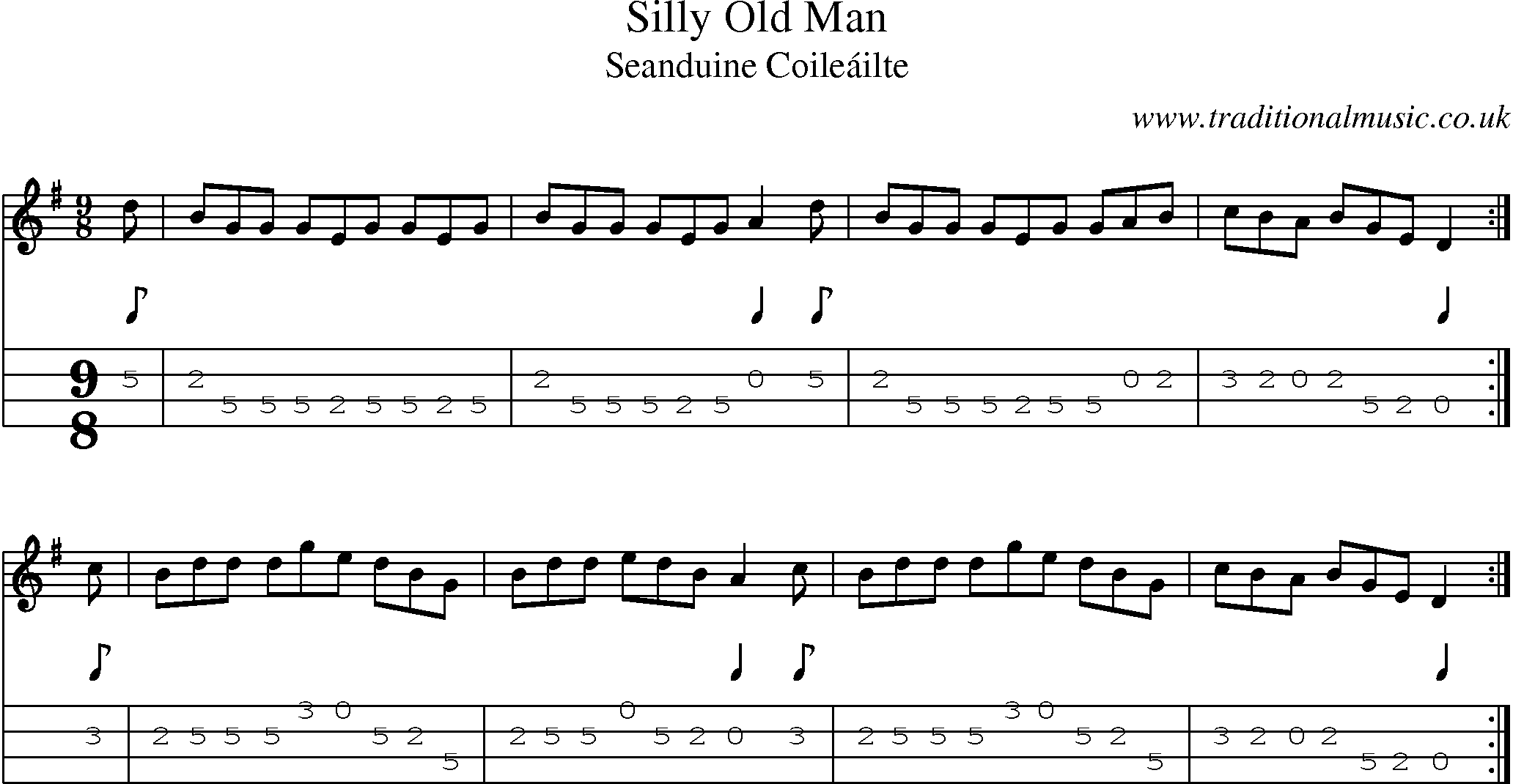 Music Score and Mandolin Tabs for Silly Old Man