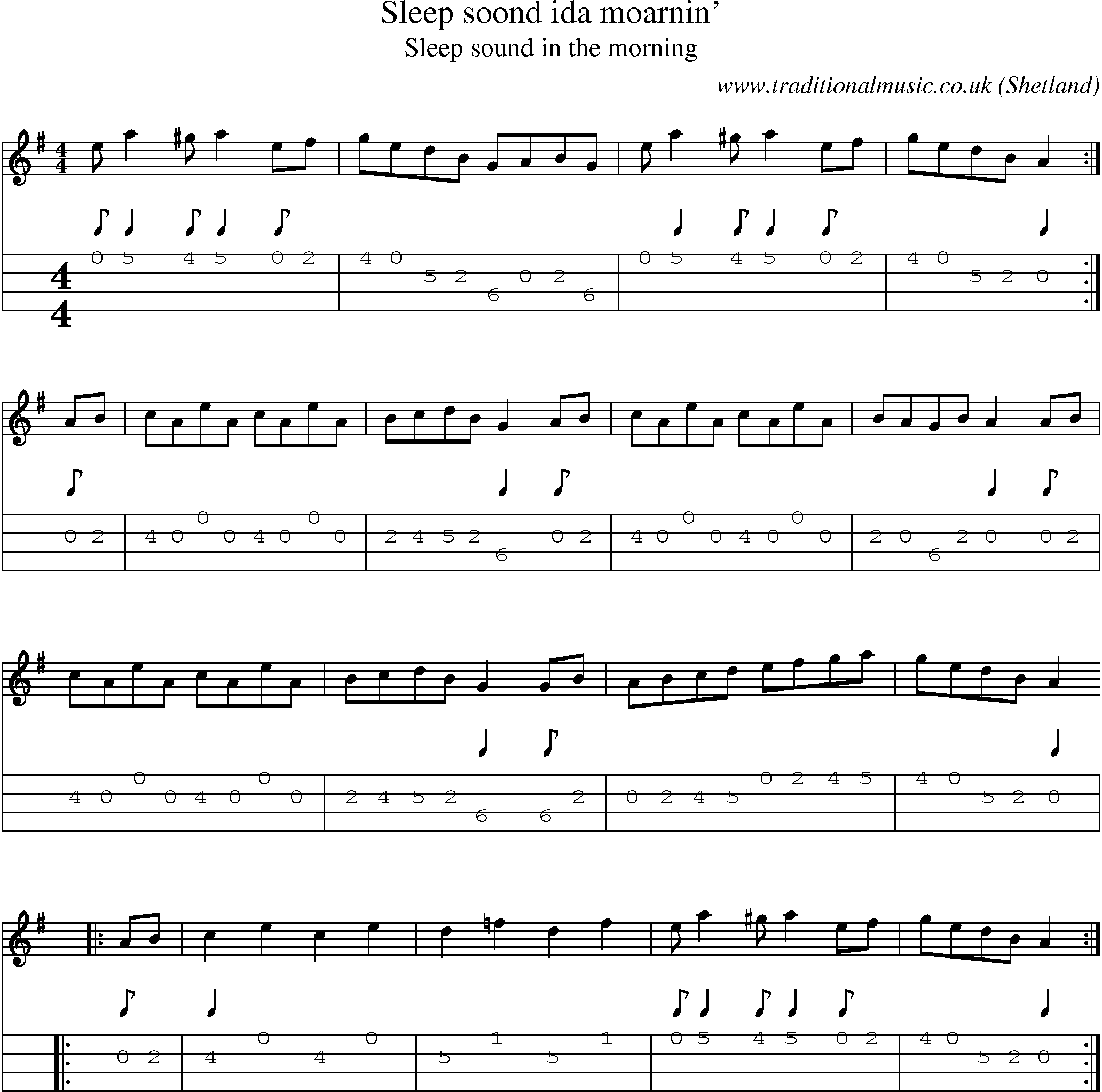 Music Score and Mandolin Tabs for Sleep Soond Ida Moarnin