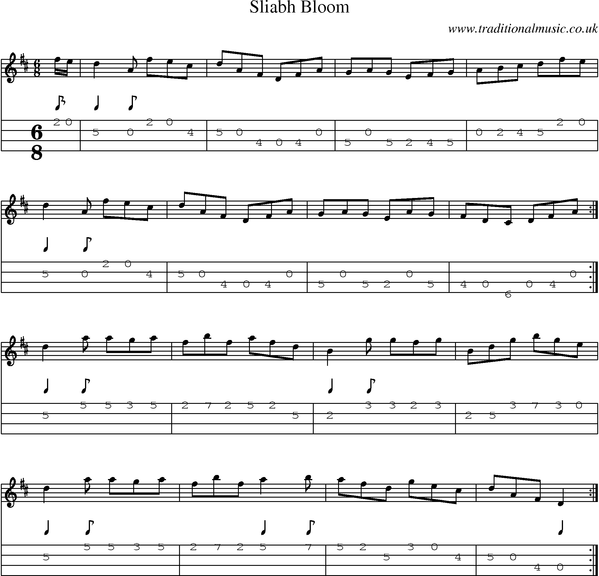 Music Score and Mandolin Tabs for Sliabh Bloom