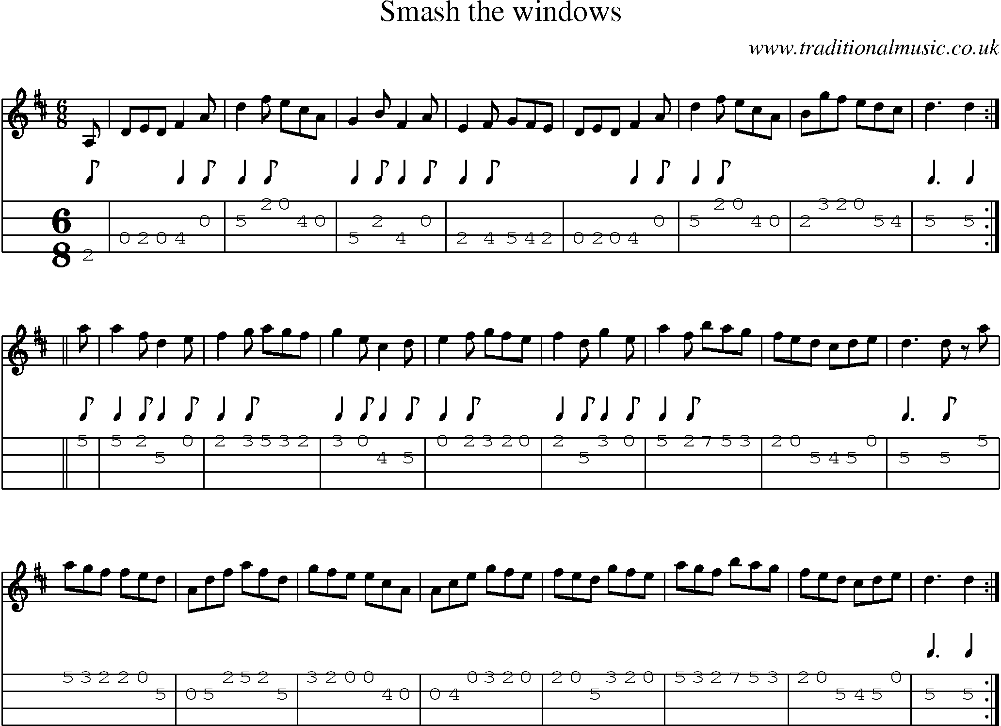 Music Score and Mandolin Tabs for Smash The Windows