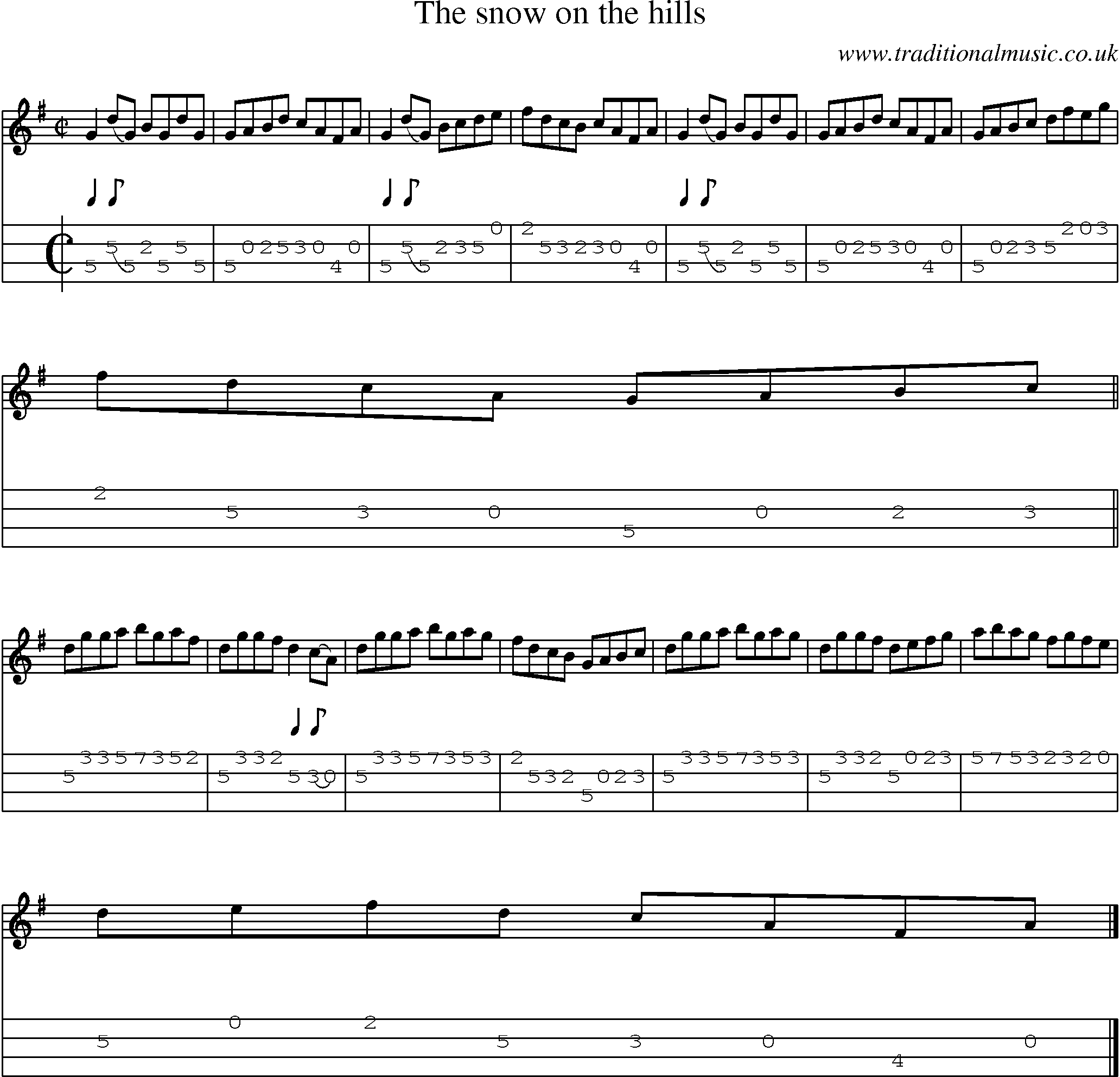 Music Score and Mandolin Tabs for Snow On The Hills