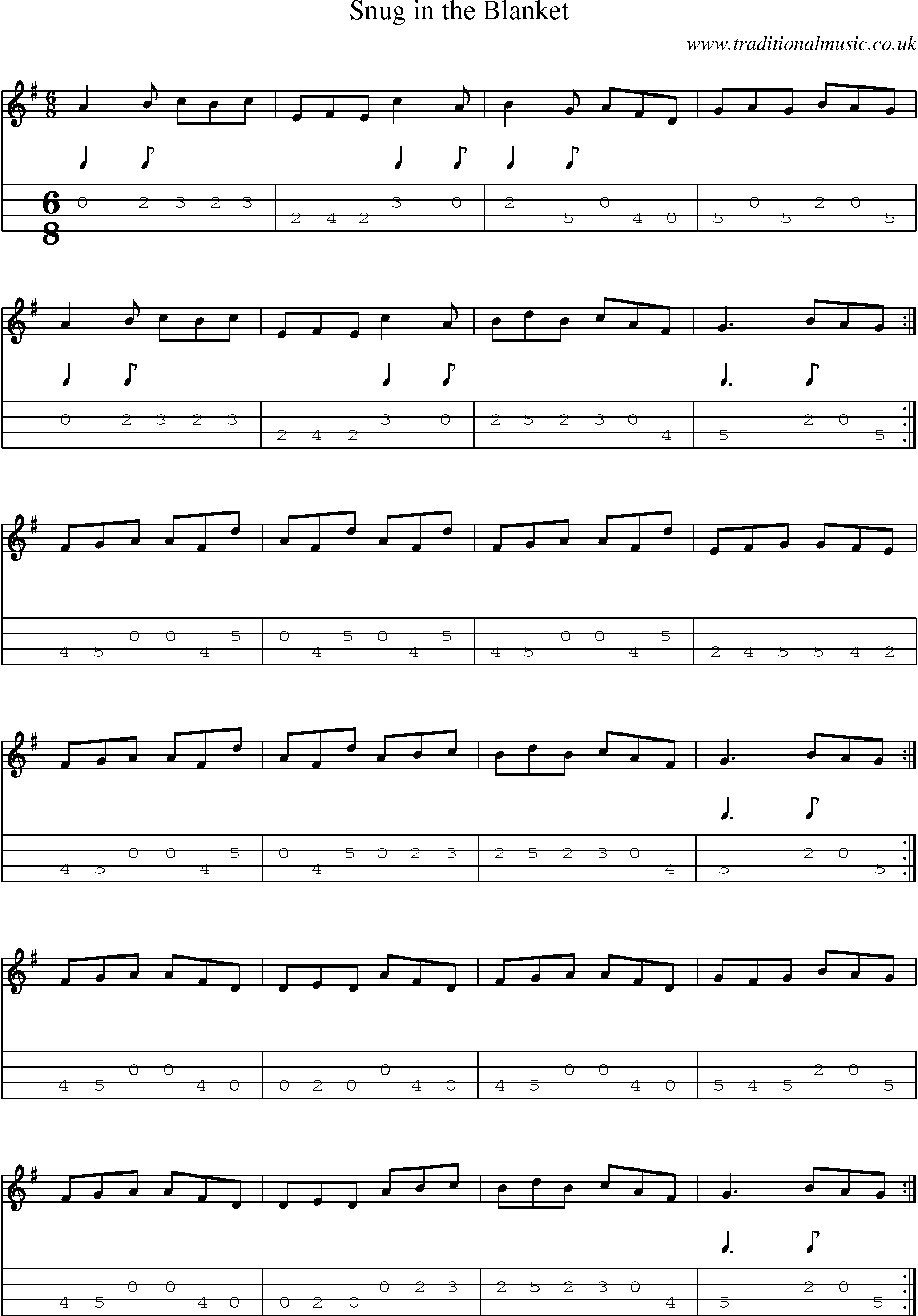 Music Score and Mandolin Tabs for Snug In Blanket