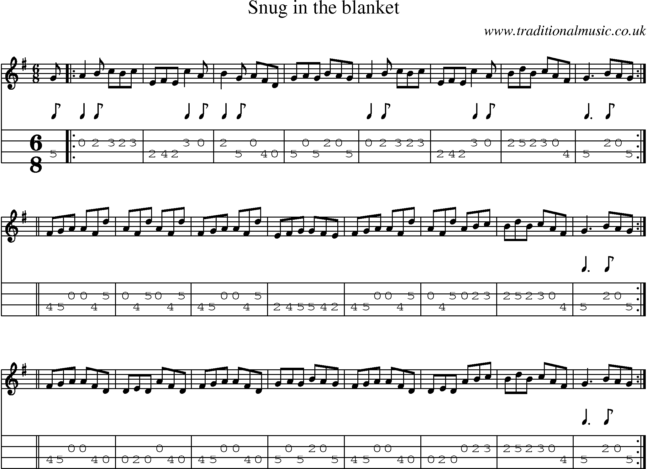 Music Score and Mandolin Tabs for Snug In The Blanket