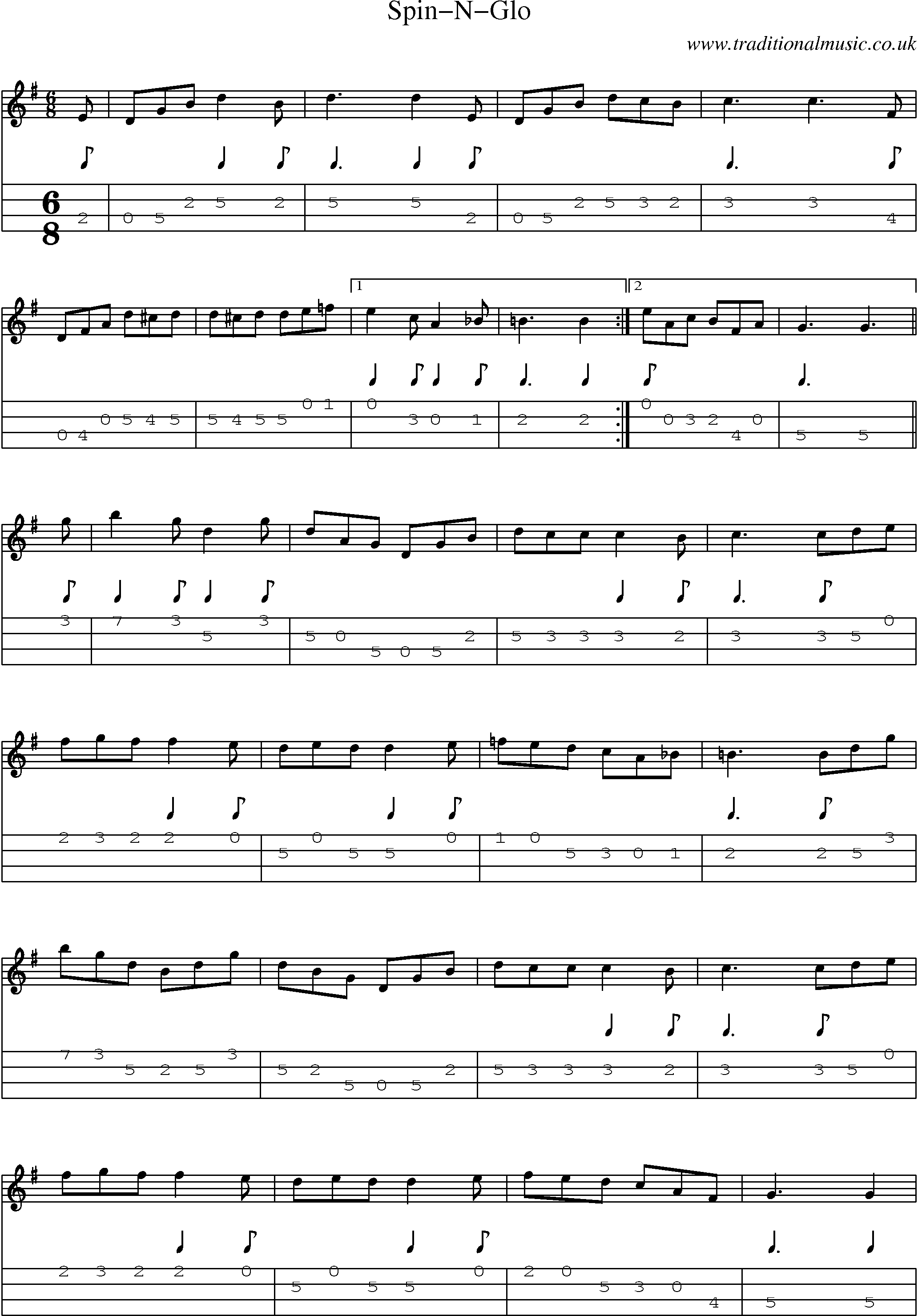 Music Score and Mandolin Tabs for Spinnglo