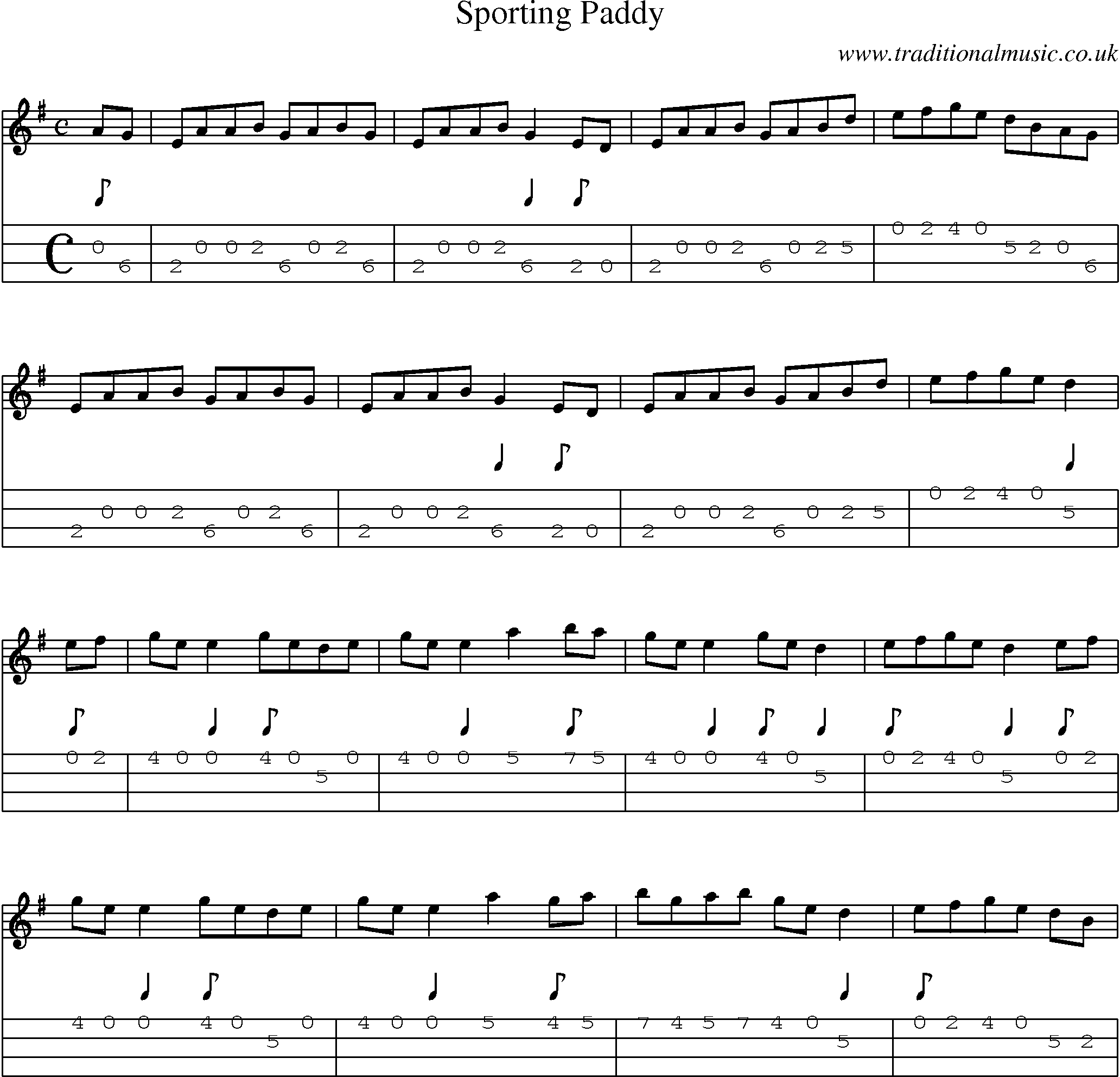 Music Score and Mandolin Tabs for Sporting Paddy