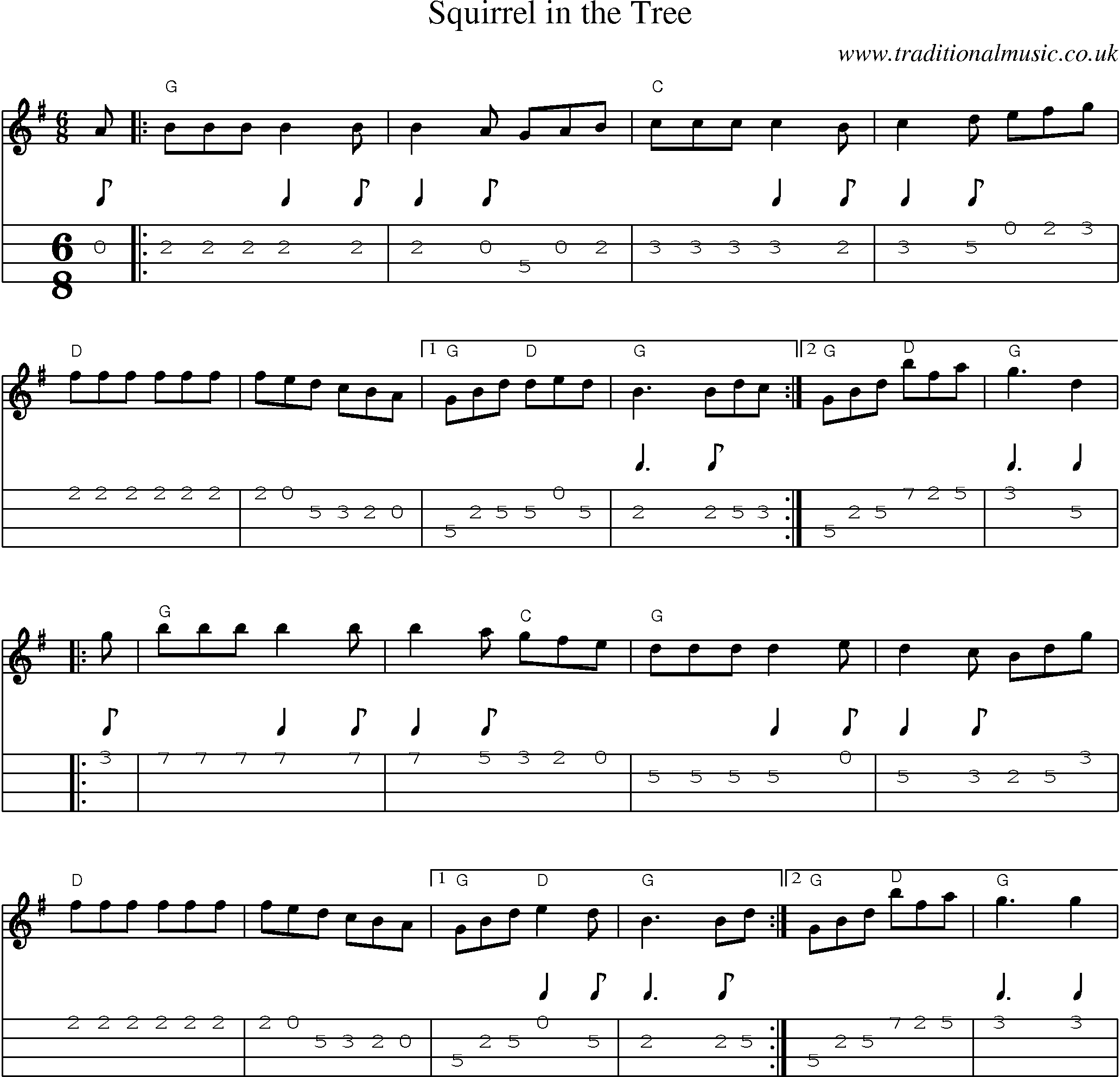 Music Score and Mandolin Tabs for Squirrel In Tree