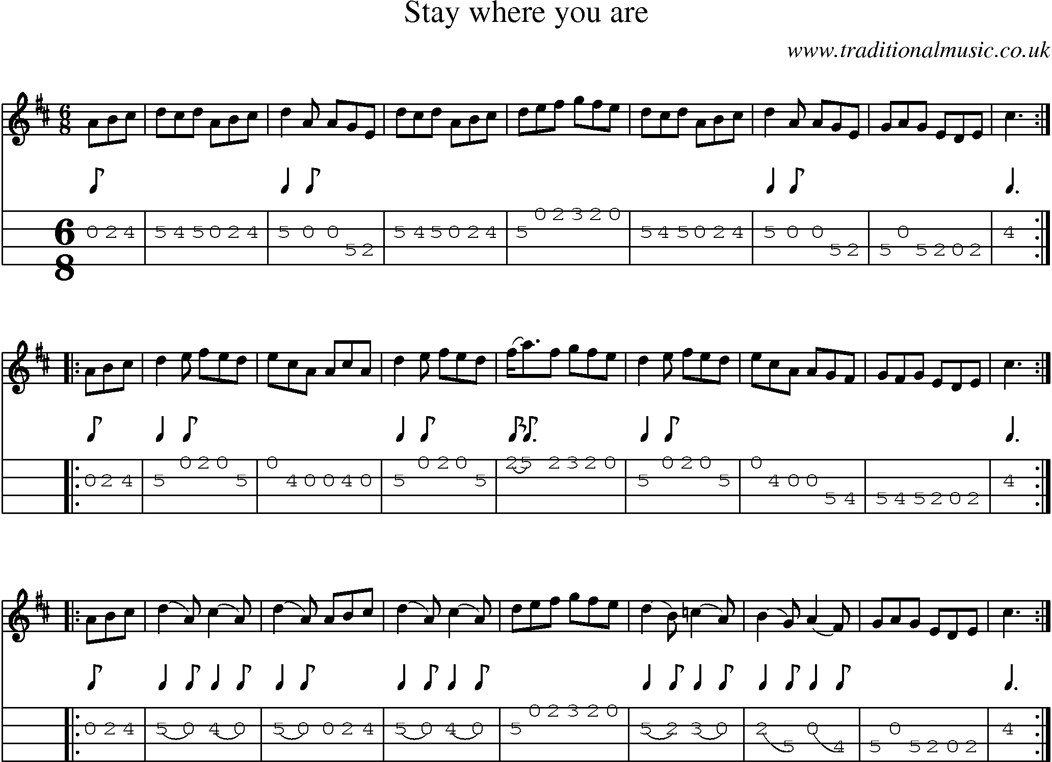 Music Score and Mandolin Tabs for Stay Where You Are