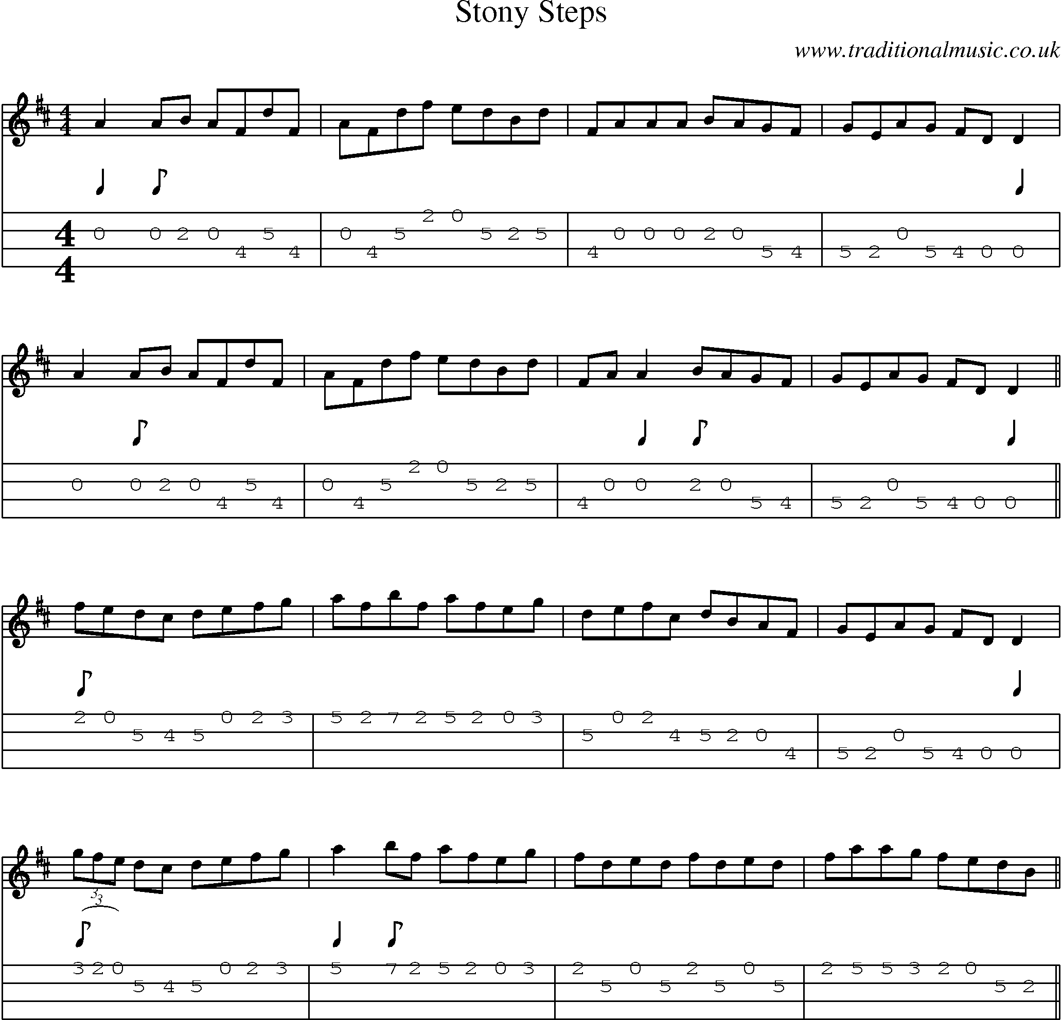 Music Score and Mandolin Tabs for Stony Steps