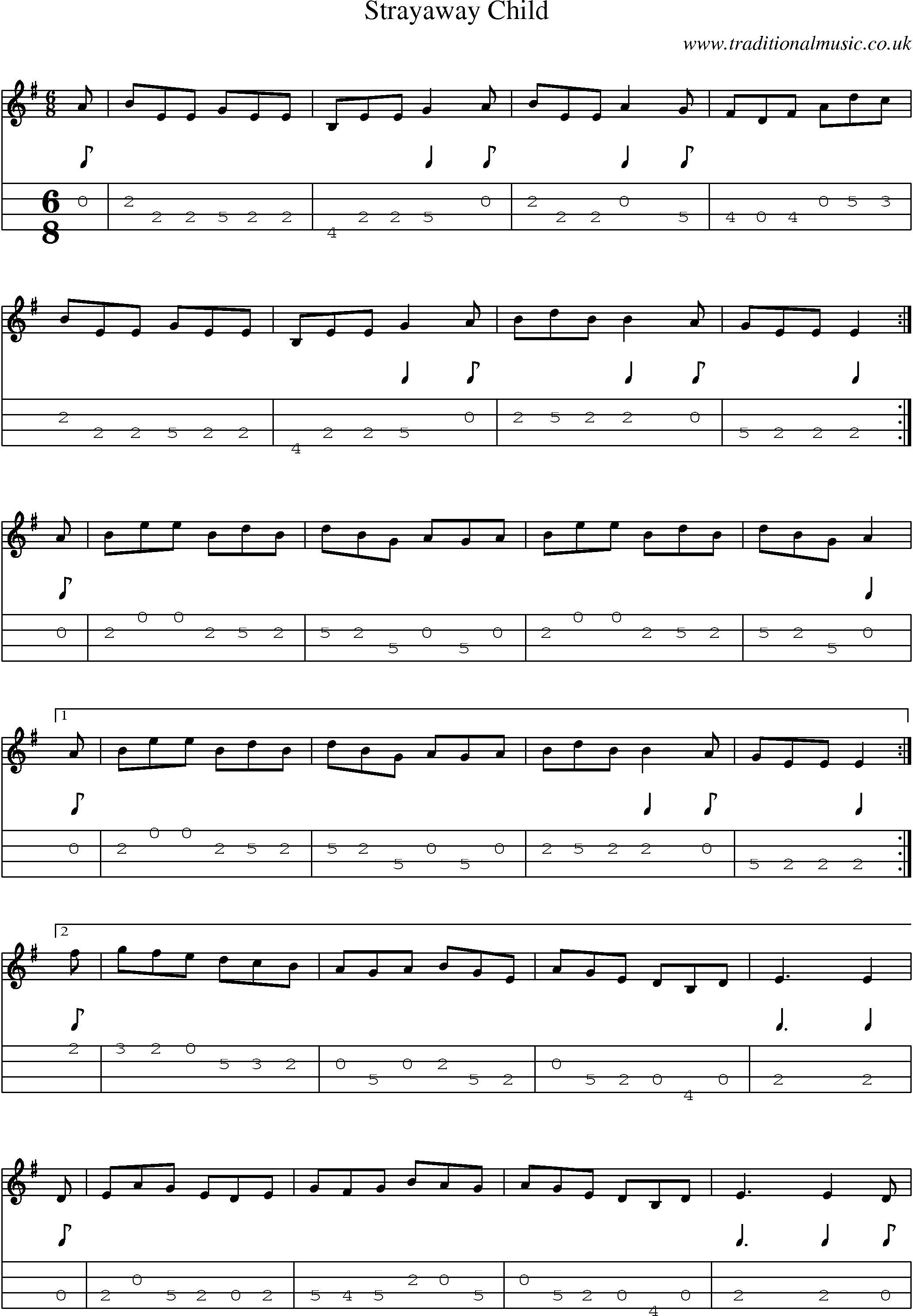 Music Score and Mandolin Tabs for Strayaway Child