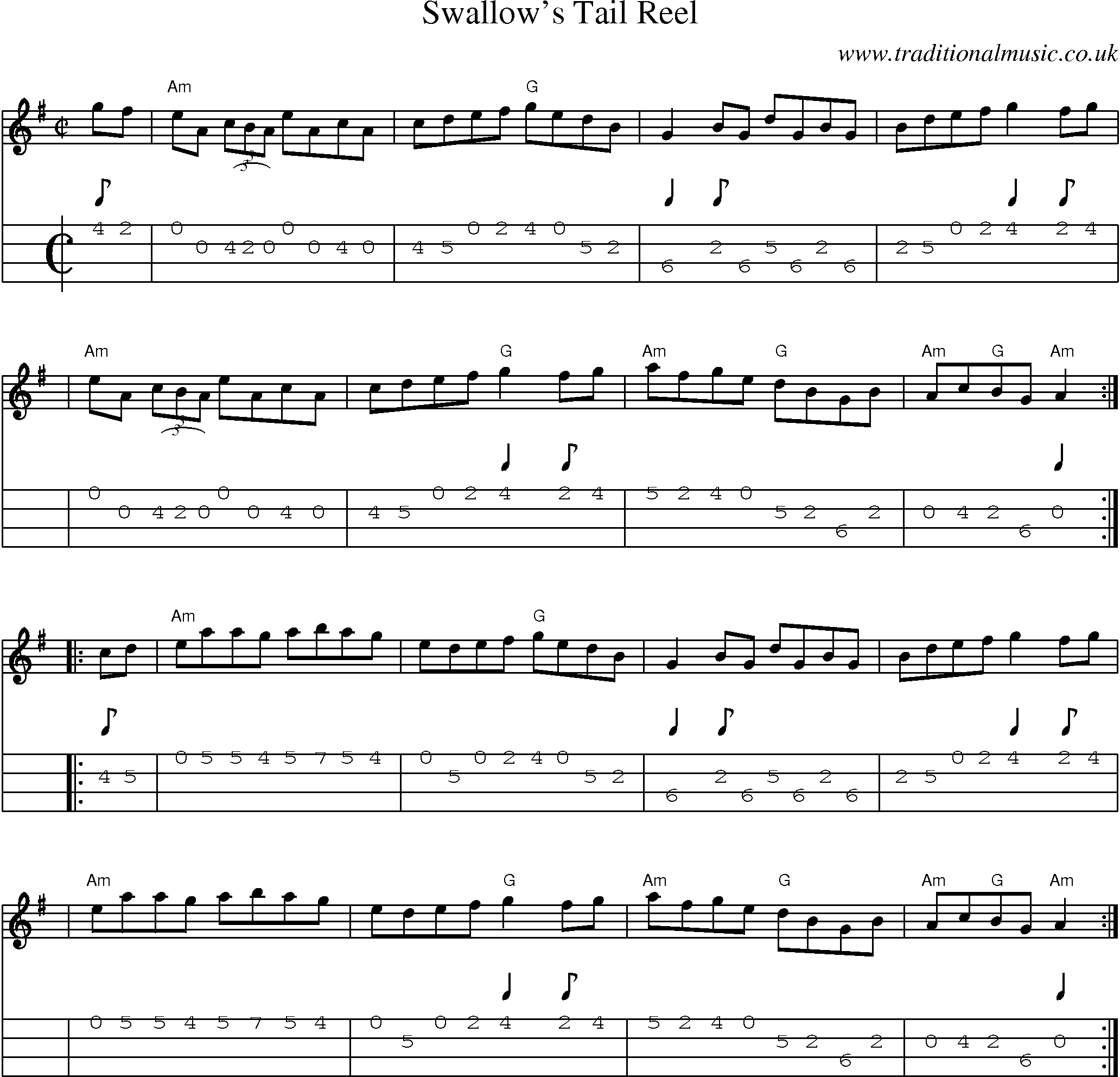 Music Score and Mandolin Tabs for Swallows Tail Reel